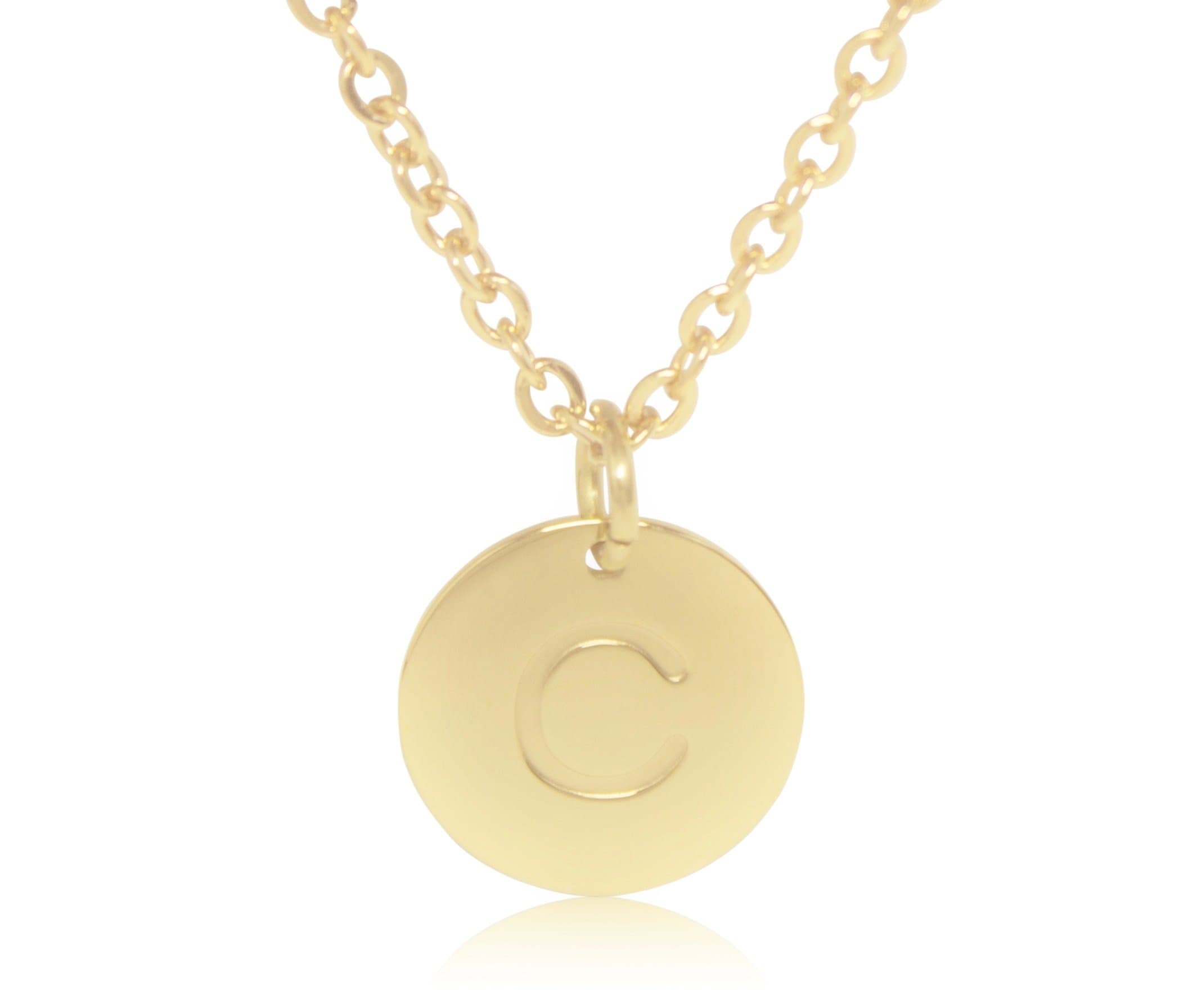 18K Gold-Plated Round Disc Engraved Initial Pendant 18” Adjustable Necklace with Personalized Alphabet Letter (C)