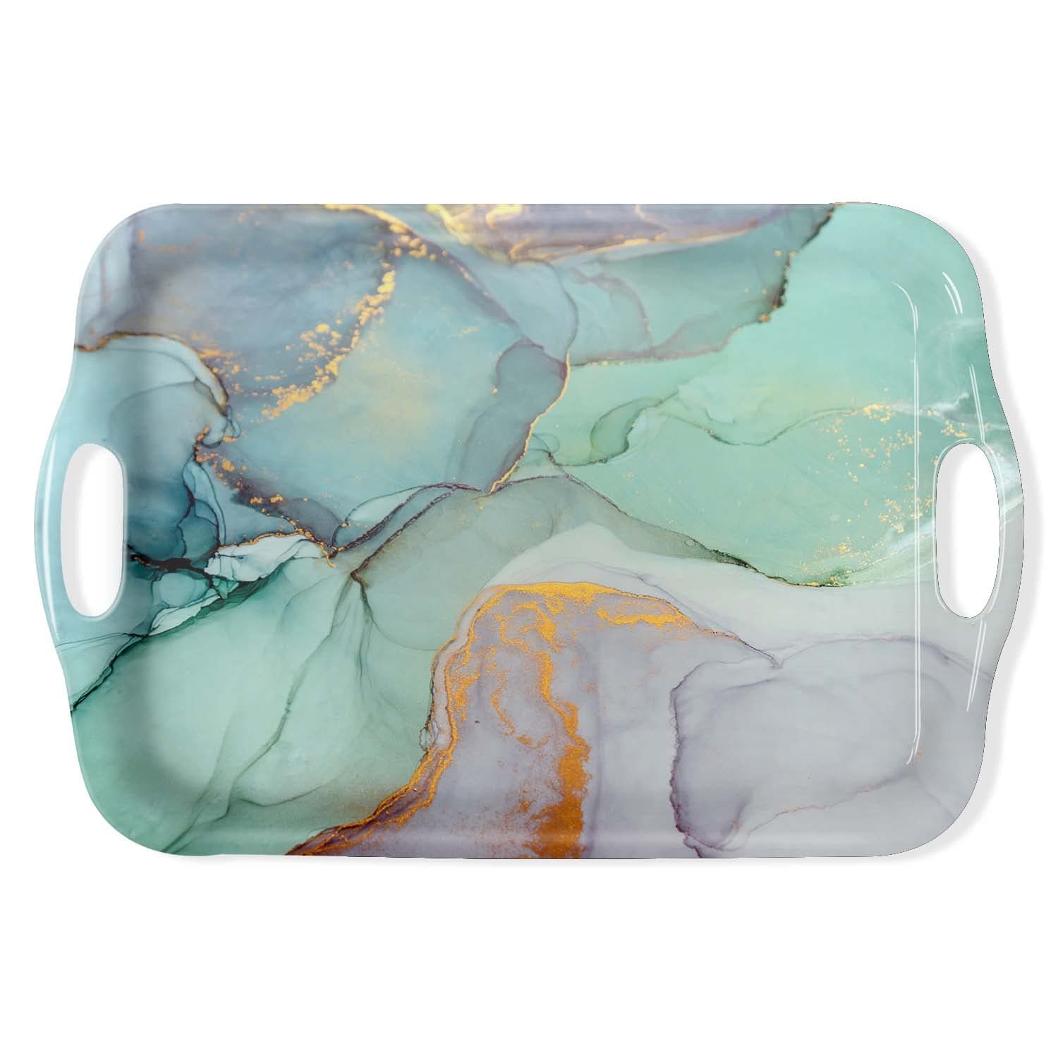 Serving Tray Decorative Tray with Handles Multi-Purpose Rectangular Serving Trays for Restaurant, Parties, Coffee Table, Kitchen - Teal Marble Pattern