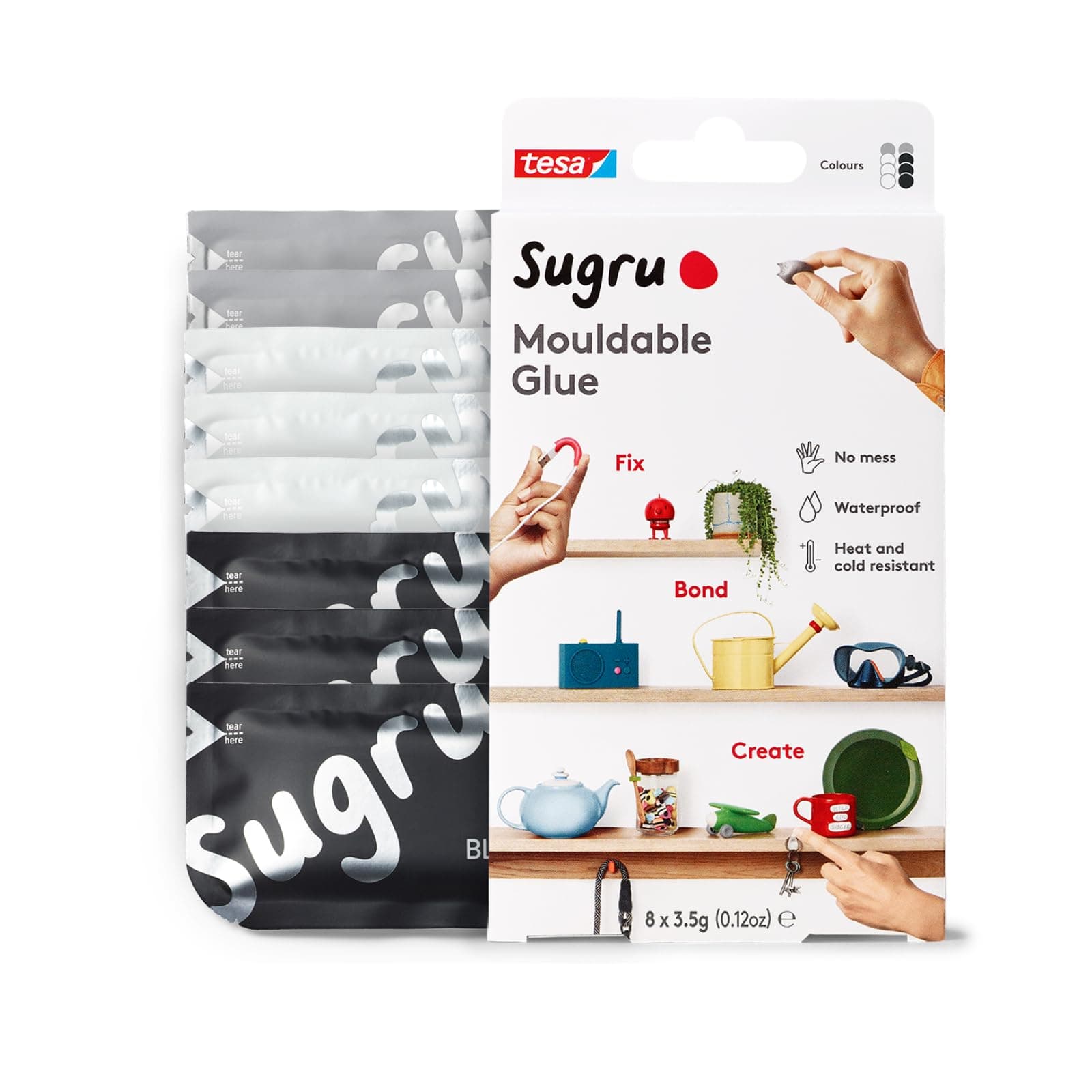 Sugru by tesa - Deformable Universal Adhesive, 8 x 3.5g, Black, White & Grey - Versatile Kneading Eraser - For Repairing, Gluing and Fixing without Drilling