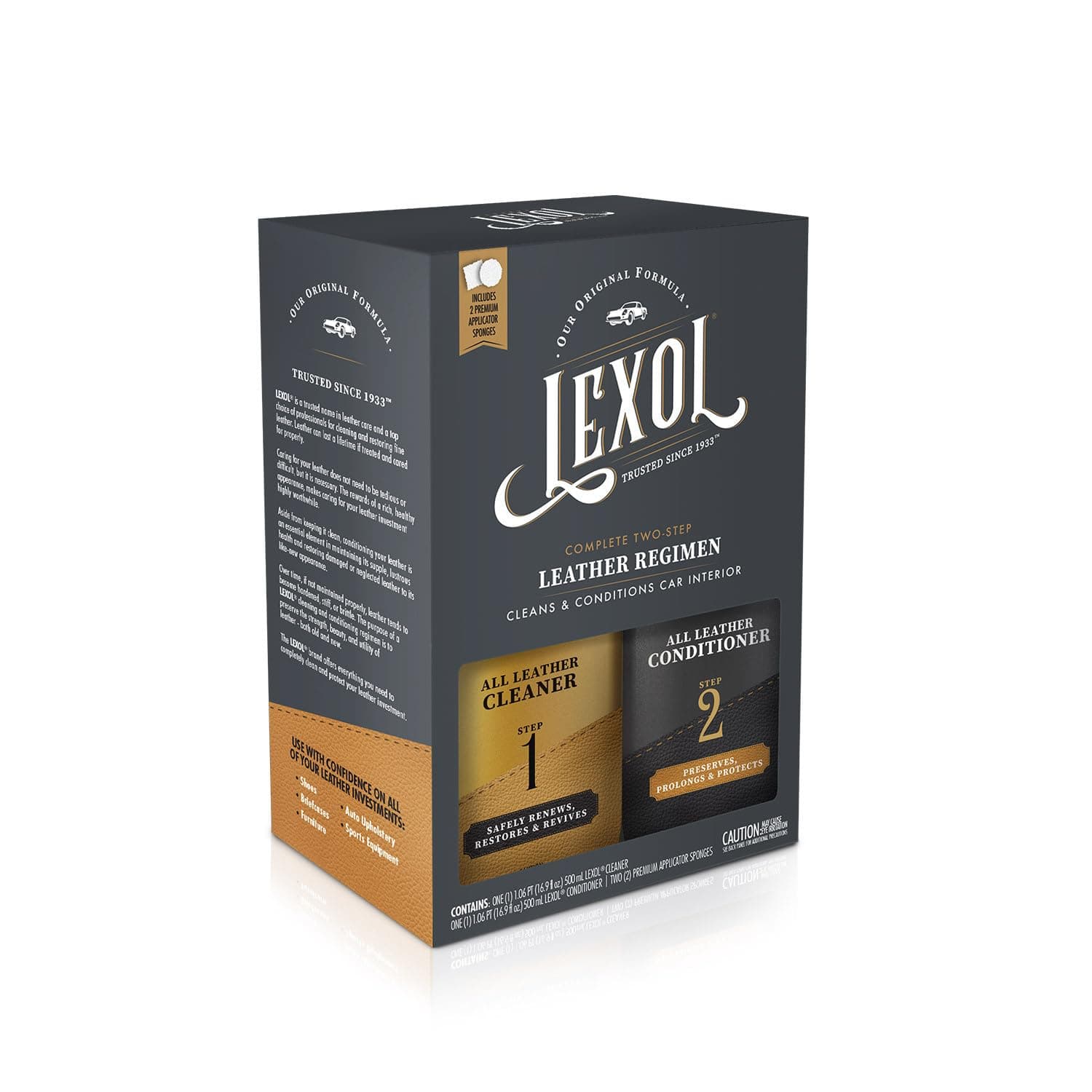 Lexol Leather Care Kit Conditioner and Cleaner, Use on Car Leather, Furniture, Shoes, Bags and Accessories, Trusted Leather Care Since 1933, Quick & Easy 2-Step Regimen, 16.9 oz Bottles Plus 2 Sponges