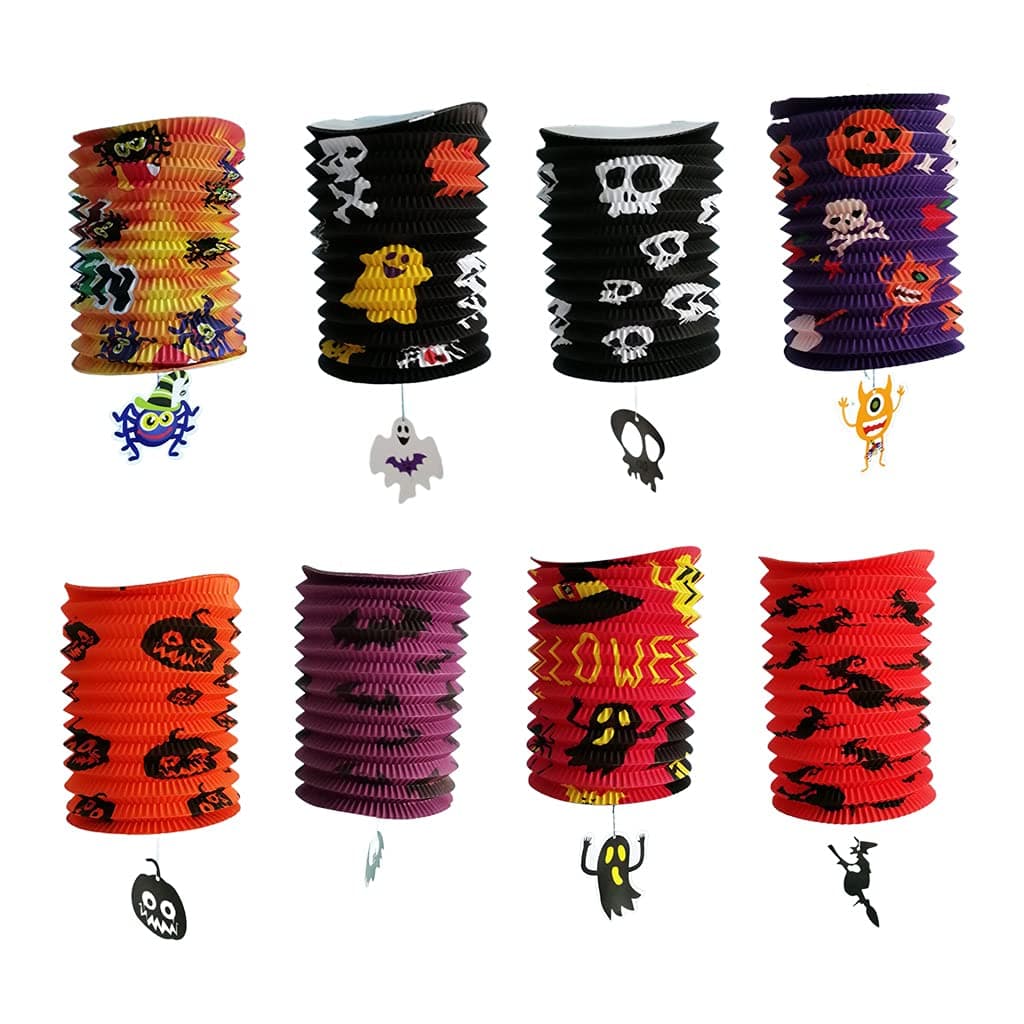 8Pcs Foldable Halloween Paper Lantern, Cartoon Spider Ghost Bat Witch Organ Telescopic Hanging Paper Lamp Holiday Party Props Home Decoration