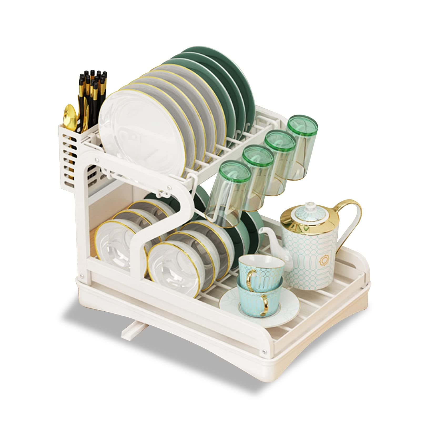 DAYONGDish Drying Rack,2 Tier Dish Rack and Drainboard Set for Kitchen Countertop,Easy Install Dish Drainer (White)