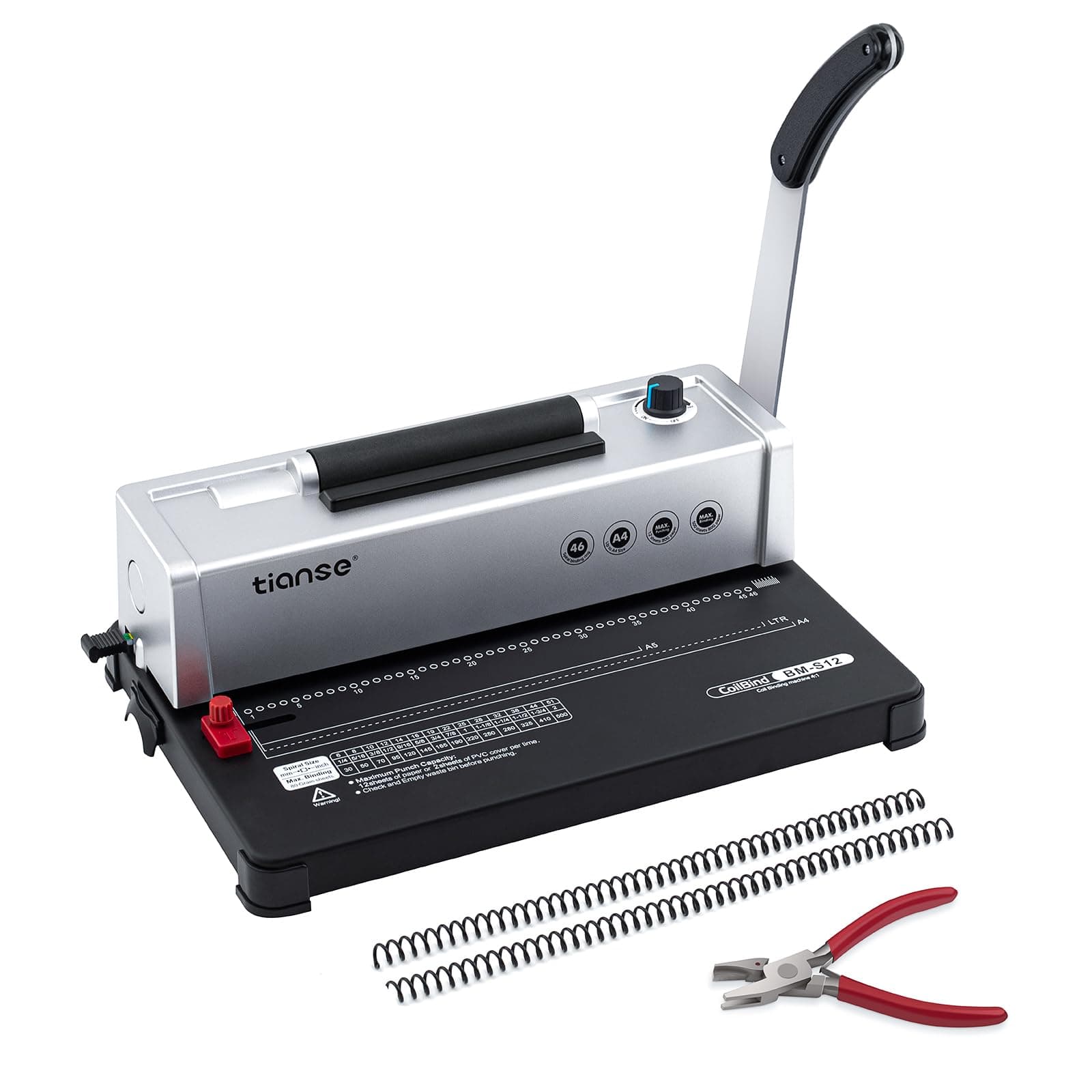 TIANSE Binding Machine, Spiral Coil Binder Machine, Manual Book Maker Punch Binder with Electric Coil Inserter,Suit for Letter Size / A4 / A5 with 100pcs 5/16'' Plastic Coil Binding Spines & Plier
