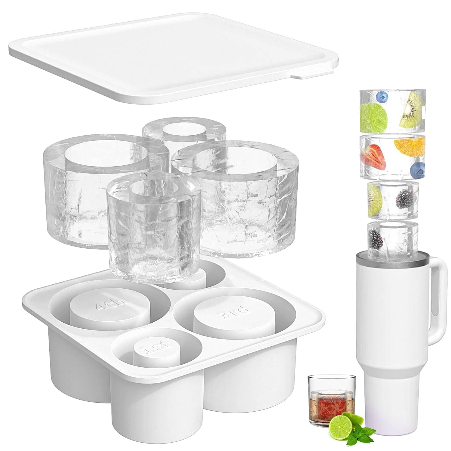 Ice mold for stanley cup, Silicone Ice Cube Molds for Stanley 20oz 30oz 40oz Tumbler Cup, 4 Pcs Silicone Hollow Cylinder Ice Mold with Lid and Bin for Freezer, Ice Drink, Juice, Coffee, Whiskey(white)