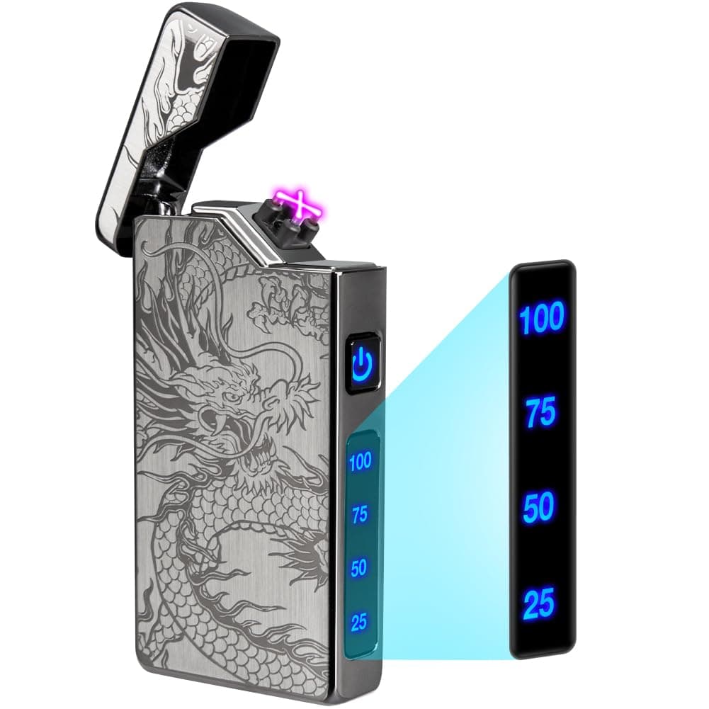 LcFun Electric Lighter, USB Rechargeable Lighter, Dual Arc Plasma Lighter Windproof Frameless Lighter Electronic Lighter with LED Battery Display Gift for Men Boyfriend Husband (Dragon Black)
