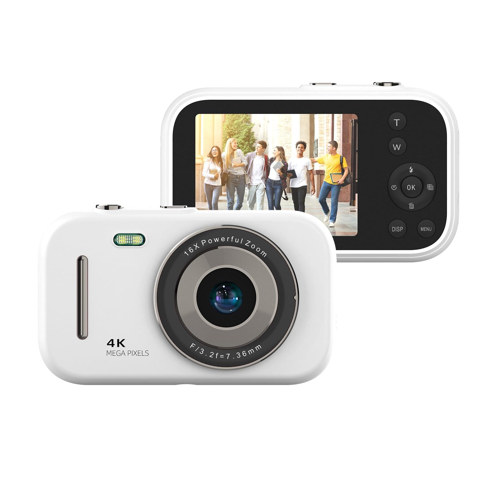 4K Digital Camera Camcorder 48MP Digital Video Camera 2.4 Inch Screen 16X Digital Zoom Anti-shake Face Detection Beauty Effect Motion detection Built-in Flash Battery (White)