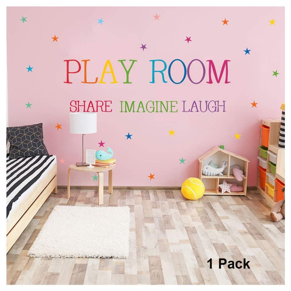 1 Pack Play Room Share Imagine Laugh Wall Decals Rainbow Inspirational Quotes Playroom Wall Stickers Colorful Stars Wall Art Sticker for Kids Home Living Room Bedroom Nursery Party Decor Decorations