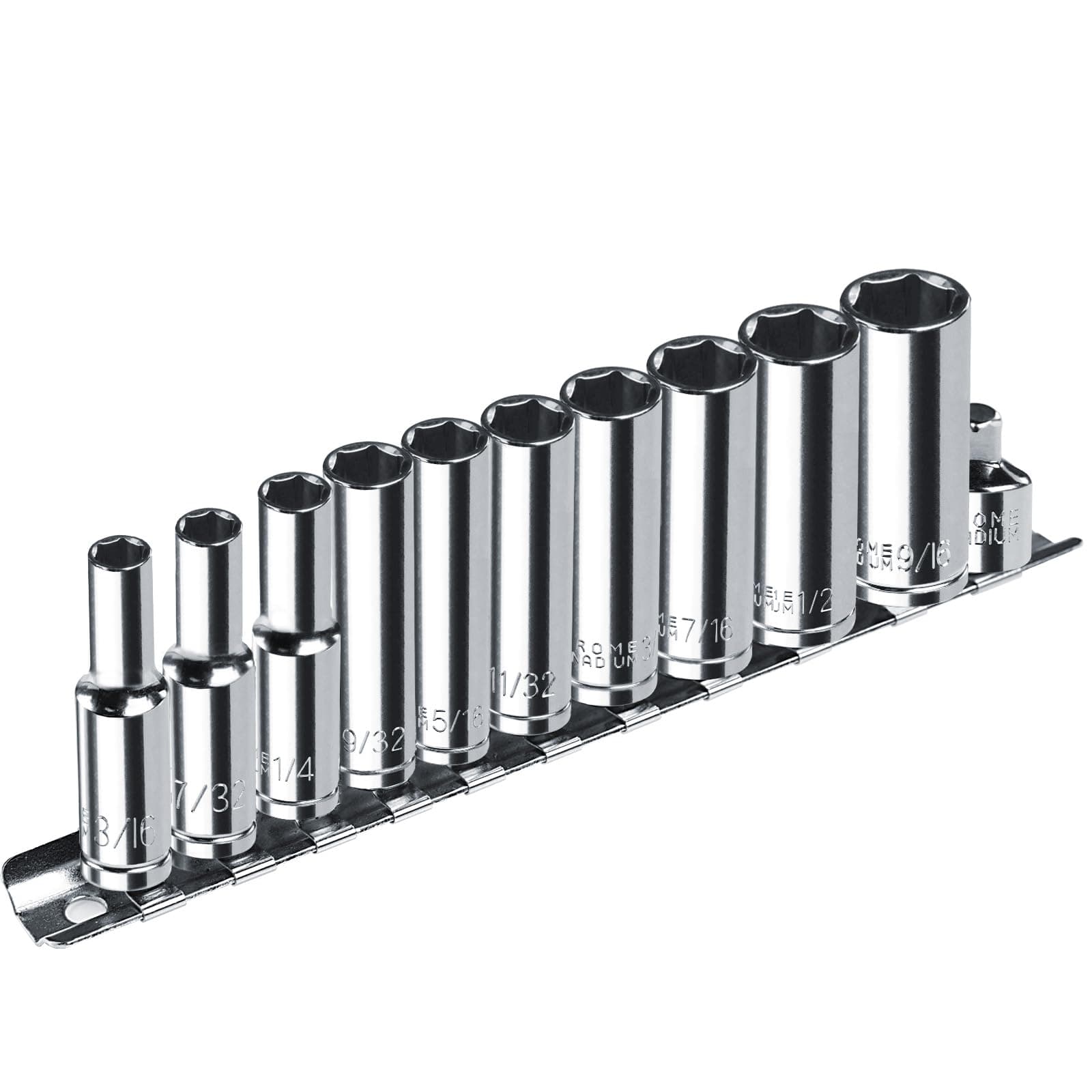 1/4” Drive SAE Socket Set, 11PCS Deep Hex Socket Set (3/16”-9/16”), Cover Most Commonly Sizes, Chrome Vanadium Steel with 3/8”F to 1/4”M Socket Adapter