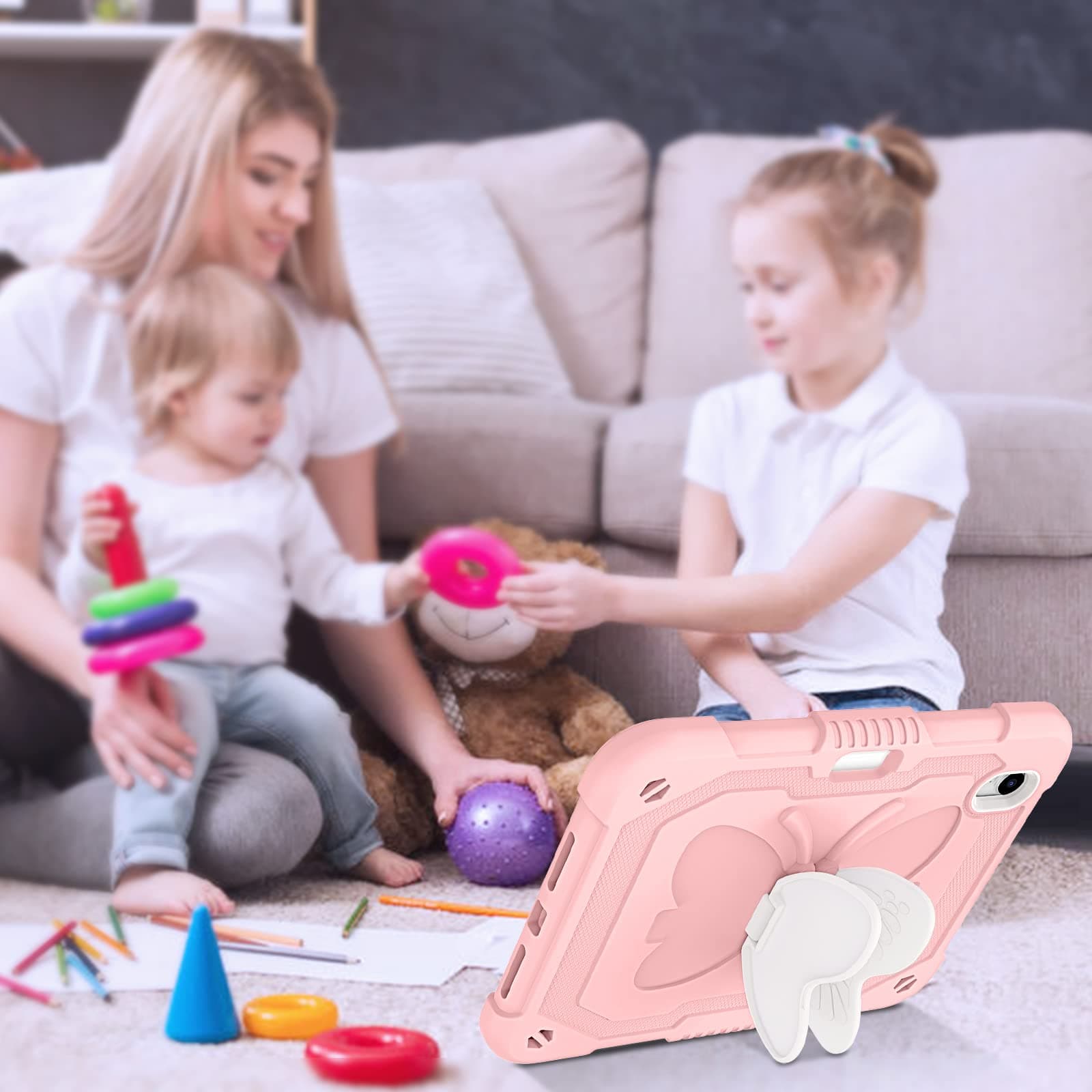 BENTOBEN for iPad mini 7 A17 Pro Case, for iPad mini 7th/6th Generation Case (2024/2021) with Pencil Holder Kickstand Heavy Duty Shockproof Bumper Protective Girl Boy Kids Tablet Cover, Pink Design