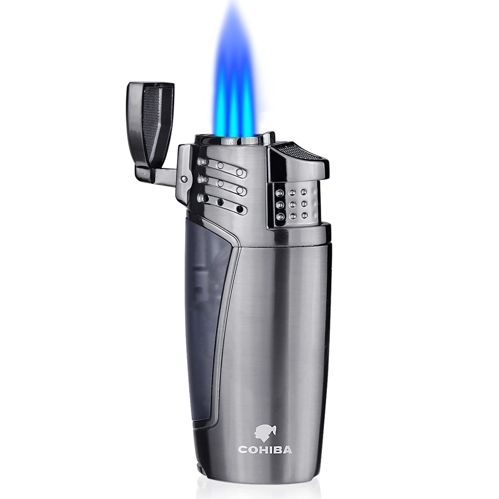 Lighter with Punch Butane Torch Lighters Windproof Refillable (Grey)