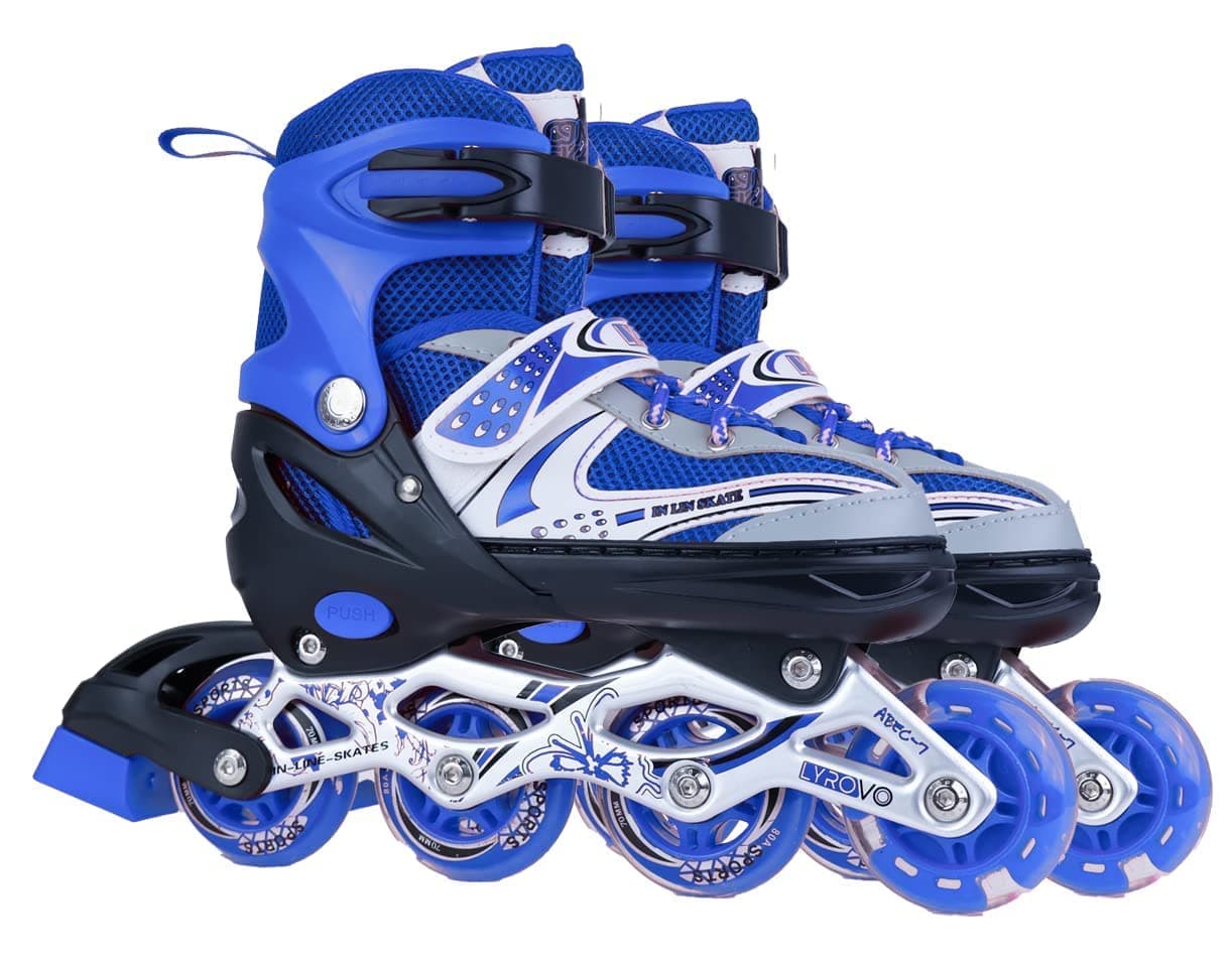 COUCHLY® 4 Wheel Inline Adjustable Roller Skates for Boys Kids & Girls, 7 to 14 Years Unisex Outdoor Skating Shoes Roller Blades with Led Flash Lights Featuring Wheels for Skating (Blue) 14