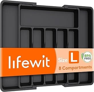 Lifewit Extendable Cutlery Drawer Organiser, Adjustable Cutlery Tray, Plastic Adjustable Kitchen Storage Dividers for Utensil Spoons Forks Knives, 8 Compartments, 33-57 x 38cm, Black