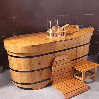 Mobile Free Standing Wooden Bathtub with Bath Tray, Solid Wood Bathtub Lit, Spa Deep Soaker with Tub Chair, Classic Japanese Body Soaking Barrel with Lid/Pop-Up Drain,160cm/62.99"