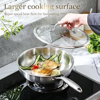 DELARLO Tri-ply Stainless Steel Frying Pan Set with Lid 8" 12" Induction large Skillets Chef's Pan,Pots and Pans Set Kitchen Cookware Set Suitable for All Stove