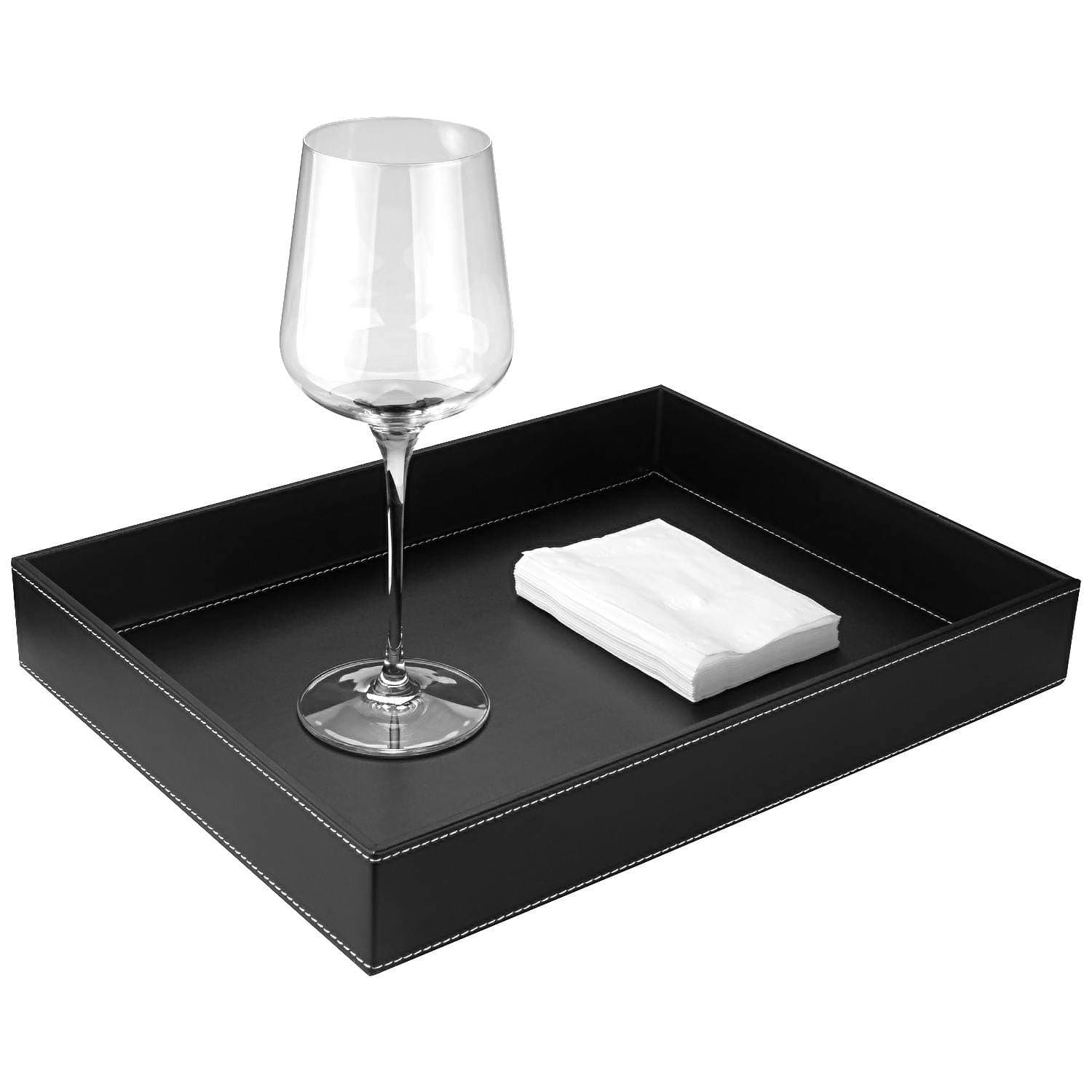 ABuffABuff Black Leather Tray, Rectangle PU Decorative Serving Tray, 15.7 x 12 Inch Black Coffee Table Tray, Elegant Desktop Storage Catchall Tray, Men Vanity Tray for Office, Breakfast, Butler