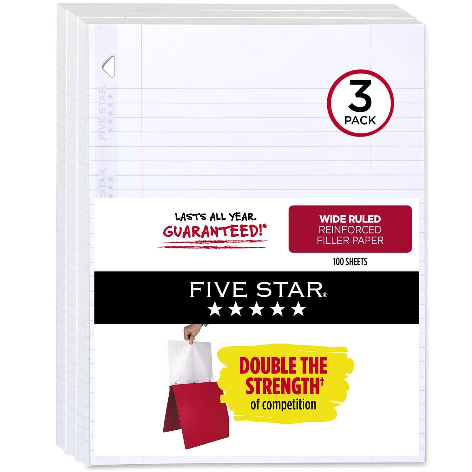 FIVE STAR Loose Leaf Paper, 3 Pack, 3 Hole Punched, Reinforced Filler Paper, Wide Ruled Paper, 26.6 cm x 20.3 cm, 100 Sheets/Pack (38033)