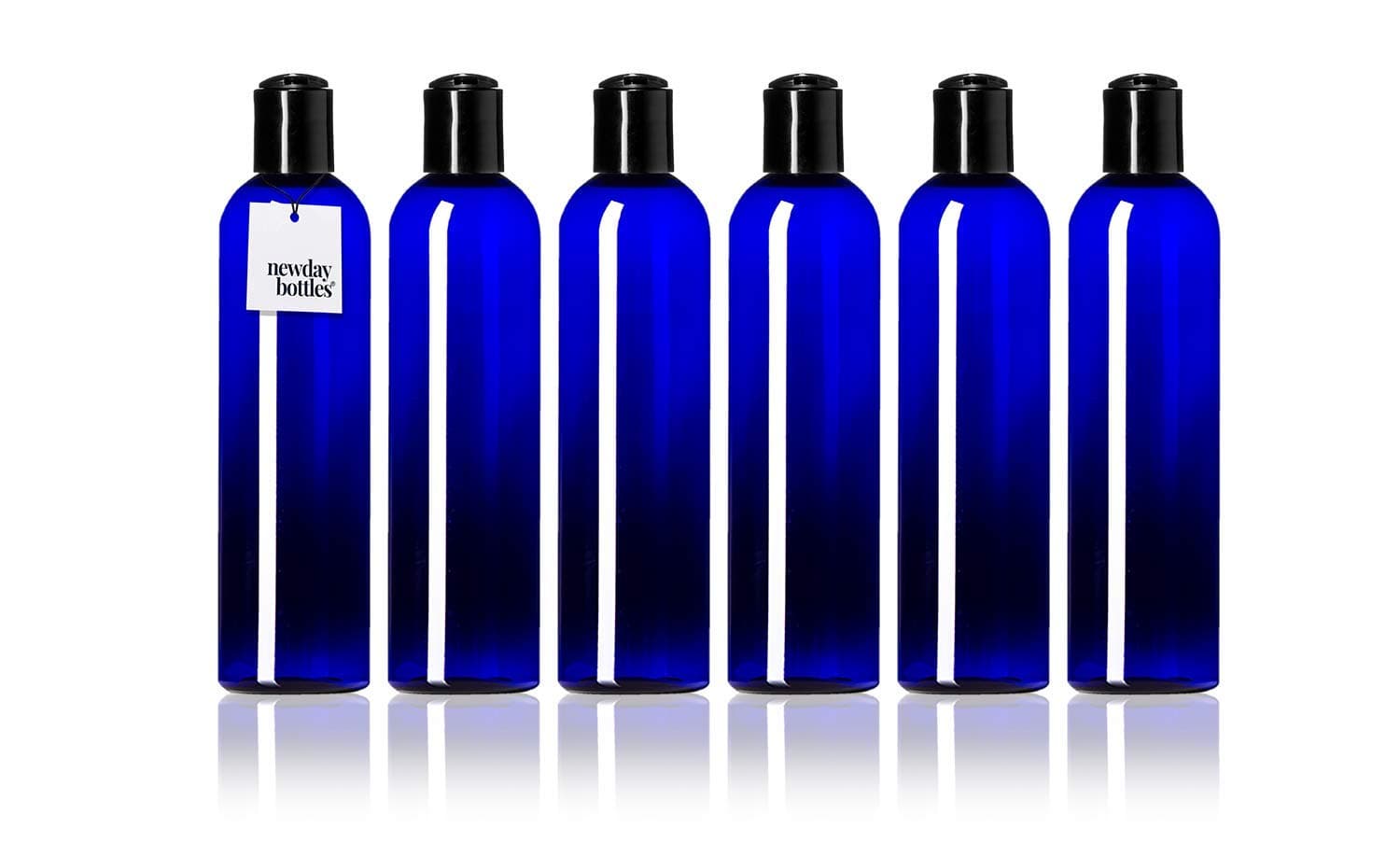 Newday Bottles, 8 oz Empty Plastic Bottles BPA-Free with Disc Top Cap Lids Refillable Containers with Black Cap (Blue with Black Cap)