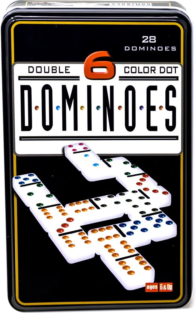 Double six colour dominoes in a tin