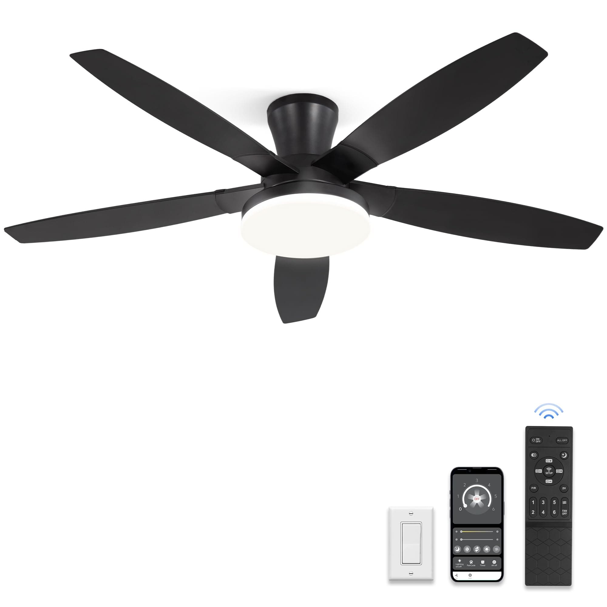 52 inch Ceiling Fans with Lights and Remote/APP Control,Black Low Profile Ceiling Fan with Light,Quiet DC Motor,LED Dimmable, Modern Flush Mount Ceiling Fan for Bedroom Indoor/Outdoor Patio