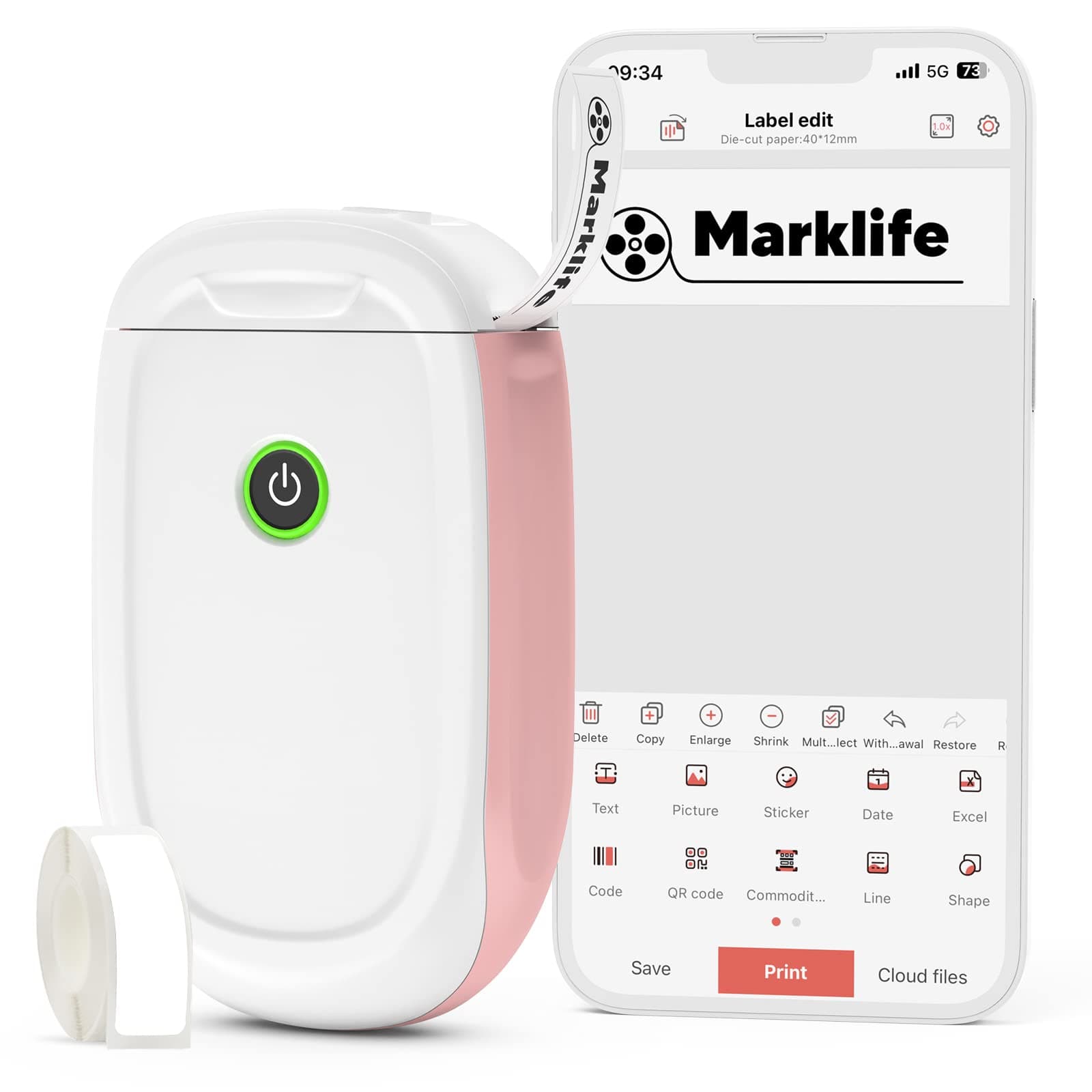 MARKLIFE P11 Label Maker Machine with Tape, Mini Thermal Wireless Inkless Sticker Printer Machine for Home Kitchen Office Organization (Pink, 1 Printer+1 Tape)