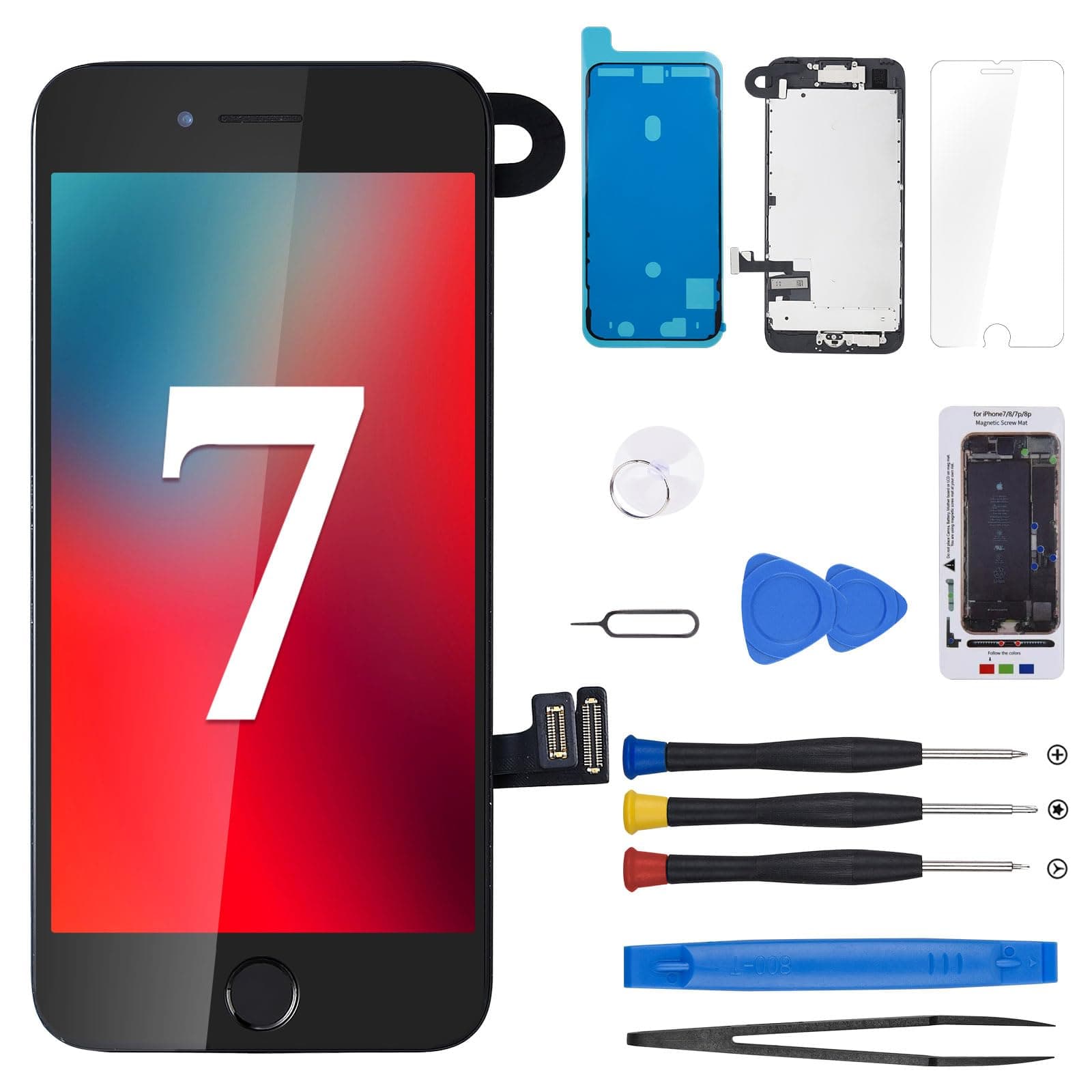 for iPhone 7 Screen Replacement with Home Button 4.7" Black, 3D Touch LCD Display Digitizer Full Assembly with Fix Tools Front Camera Speaker Sensor Glass Screen Repair Kit A1660, A1778, A1779