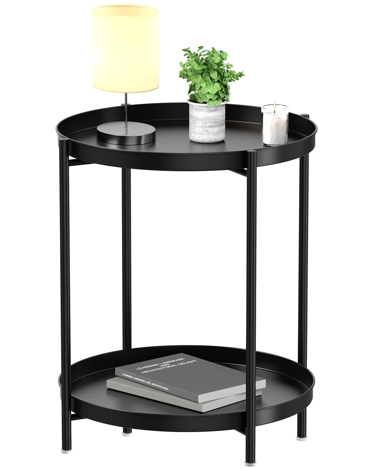 2 Tier End Table - Metal Side Table Waterproof Small Sofa Coffee Side Tables Bedroom Indoor Outdoor with Removable Tray for Living Room Bedroom Balcony and Office (Black)