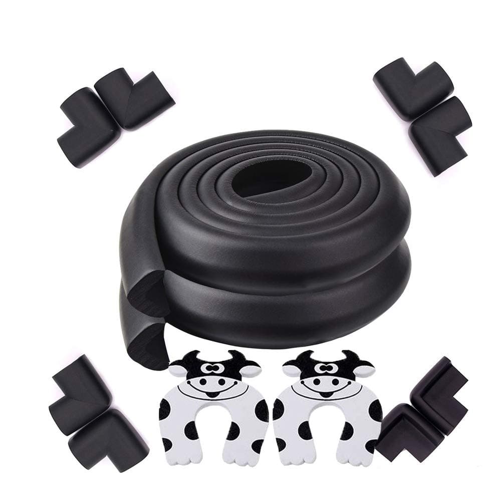 Besego Edge & Corner Guards Set, [2*6.56 Ft Edge + 8 Corner] Safety Furniture Bumper with 2 Foam Door Stopper For Table, Stair, Cabinet, Countertop,Cushion foam strip, Childproof pad - Black
