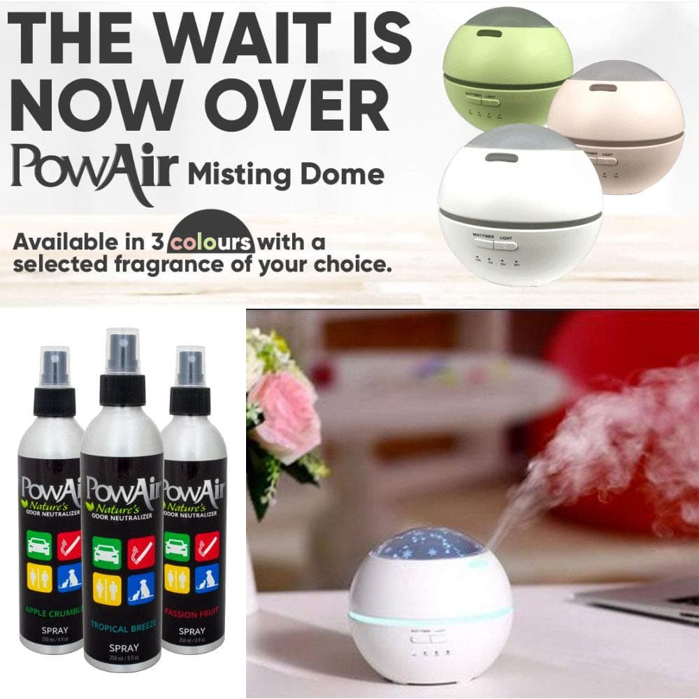Light Pink PowAir Misting Dome Odour neutralising Diffuser + 250ml Passion Fruit PowAir Liquid Pet Safe