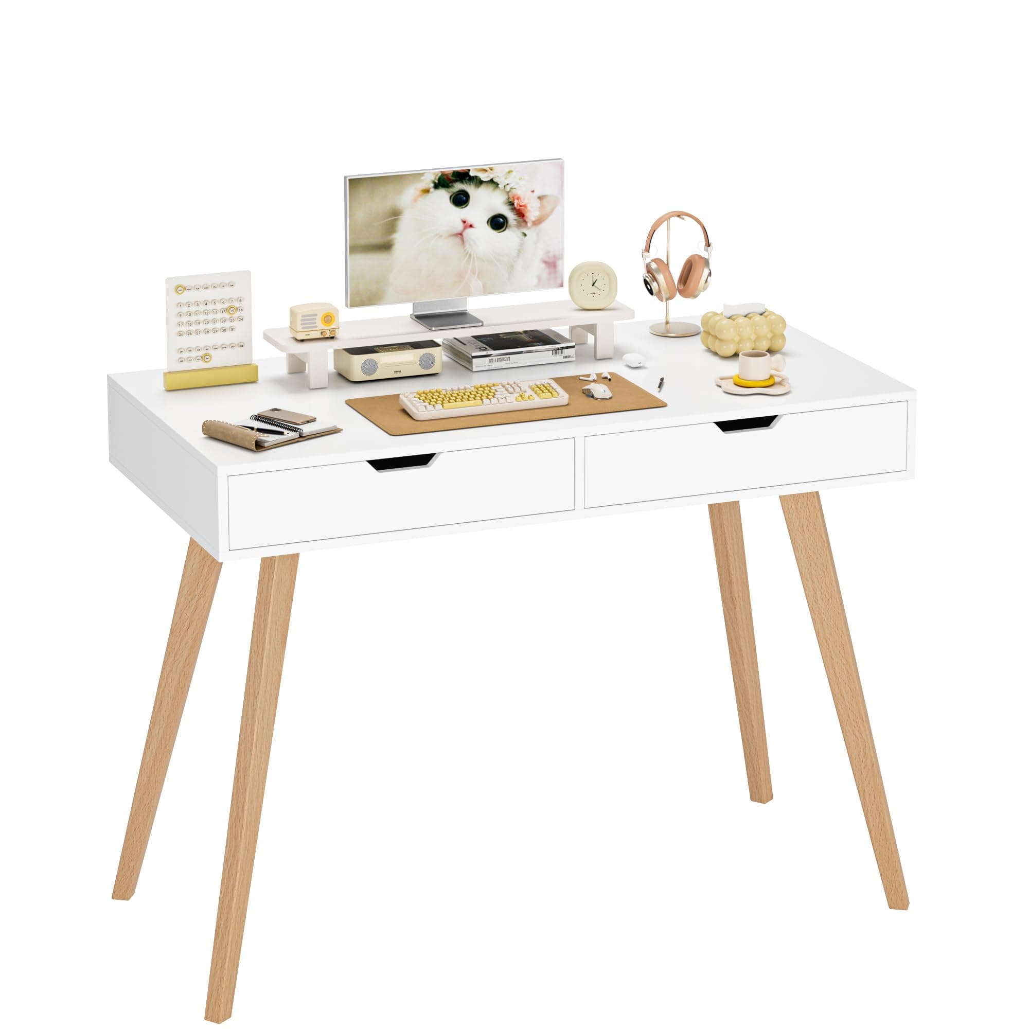 White Computer Writing Desk with 2 Drawers, Small Desk Makeup Vanity Table Wood Desk with 4 Oak Legs, Modern Home Office Desk Console Study Table