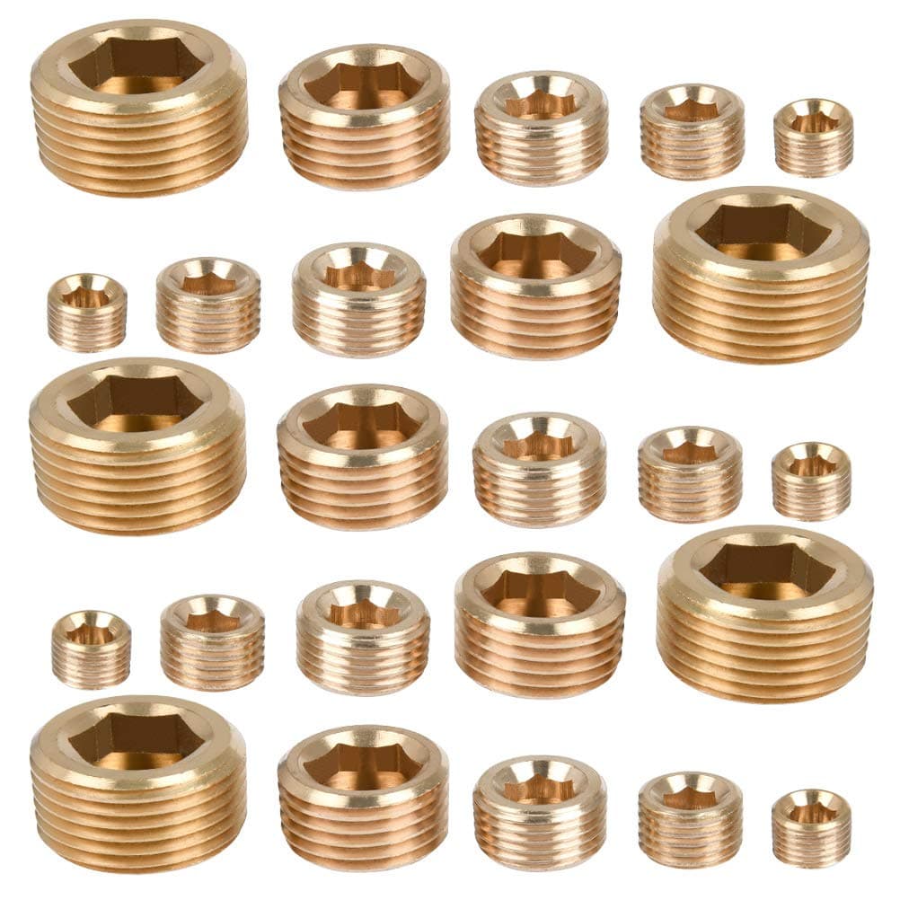 25Pcs Brass Pipe Plugs Set, NPT Plug 1/8" 1/4" 3/8" 1/2" 3/4" Brass Pipe Fitting Internal Hex Thread Socket Pipe Plug Assortment Kit