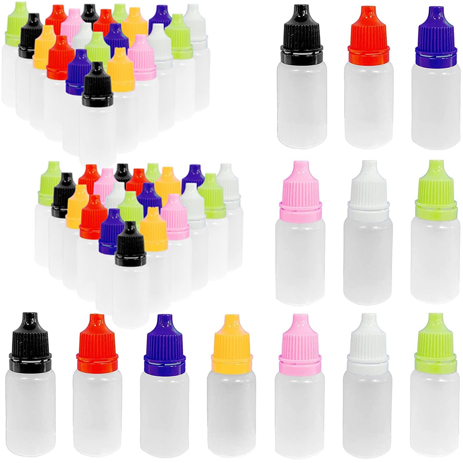 Mein HERZ 70 Pcs Squeezable Dropper Bottles, White Translucent Plastic Eye Liquid Empty Dropper 10ml, Can store eye drops, ear drops, essential oils and various liquids - Φ 20 mm (7 Colors)