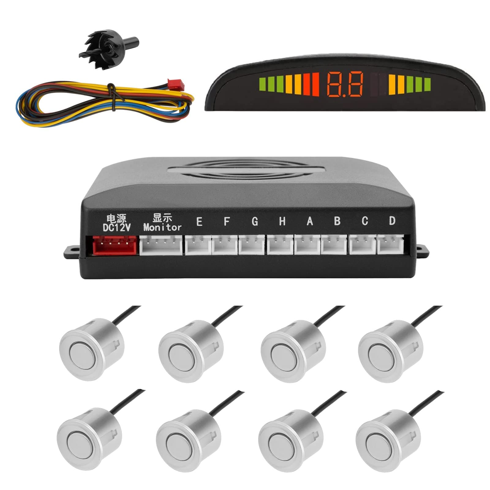 TKOOFN Car Parking Reverse Reversing Backup Radar System with 8 Parking Sensor Front 4 Rear 4 LED Display - Sliver