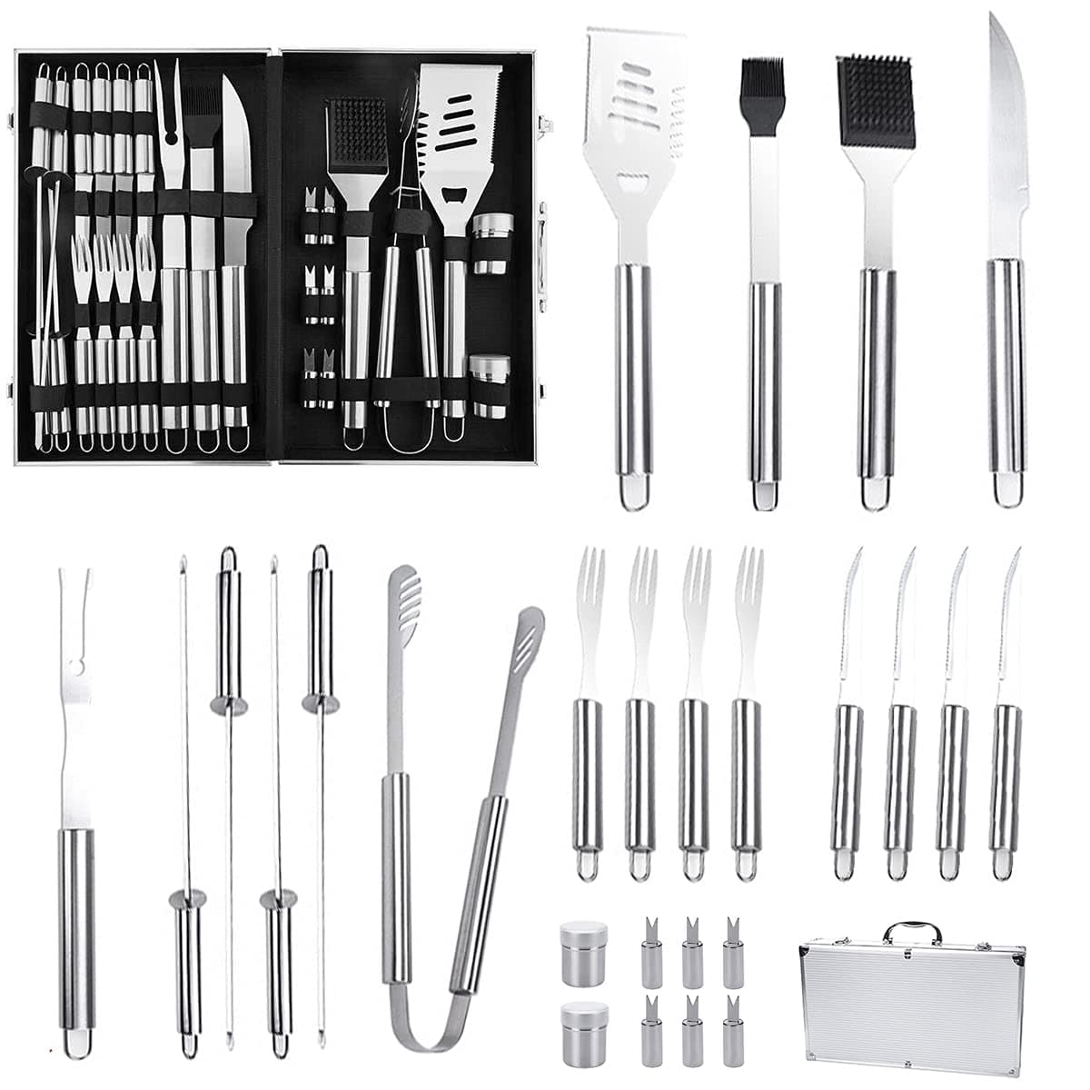 BBQ Tools Grill Set 26pcs Grilling Accessories with Aluminum Case Best Grill Gift for Backyard Outdoor Camping Hiking Kitchen Birthday Festival Barbecue Utensil Men Women,Stainless Steel
