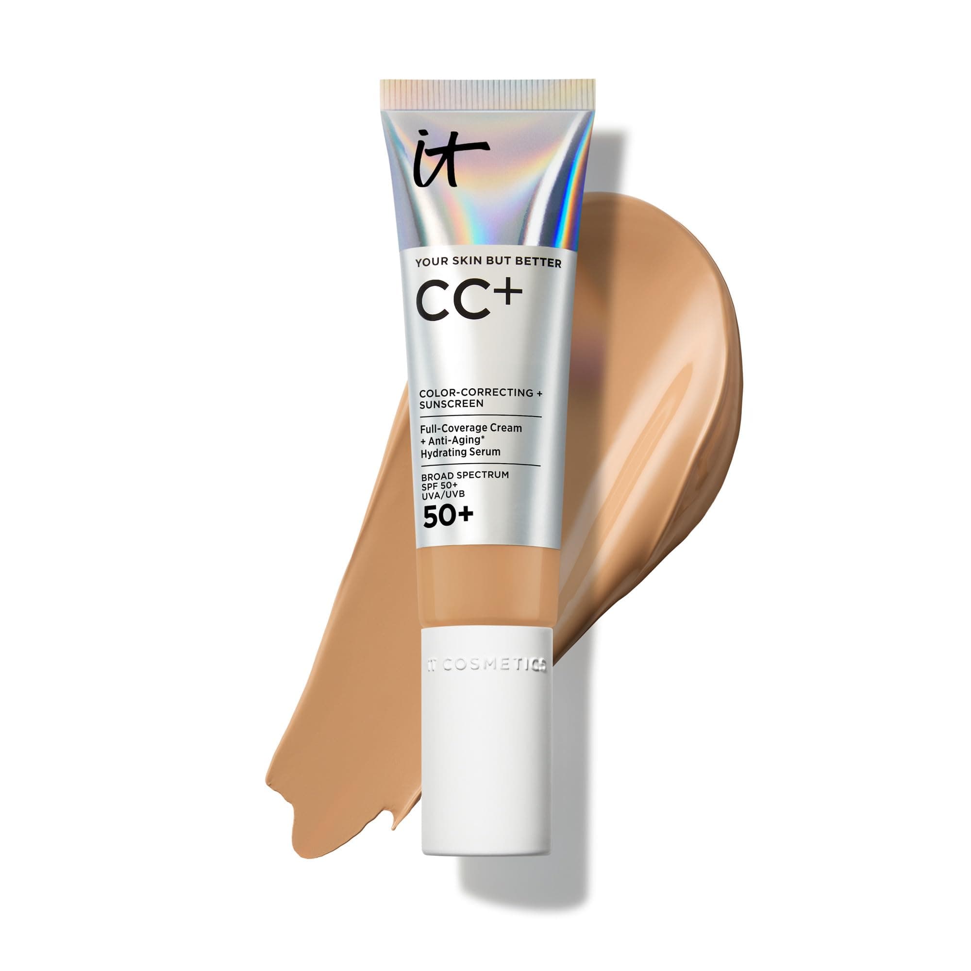 CC+ Cream - Natural Full Coverage Foundation With SPF 50+, Color Corrector & Anti-Aging Hydrating Serum, Hyaluronic Acid + Peptides, Lightweight Up To 24H Wear, All Skin Types