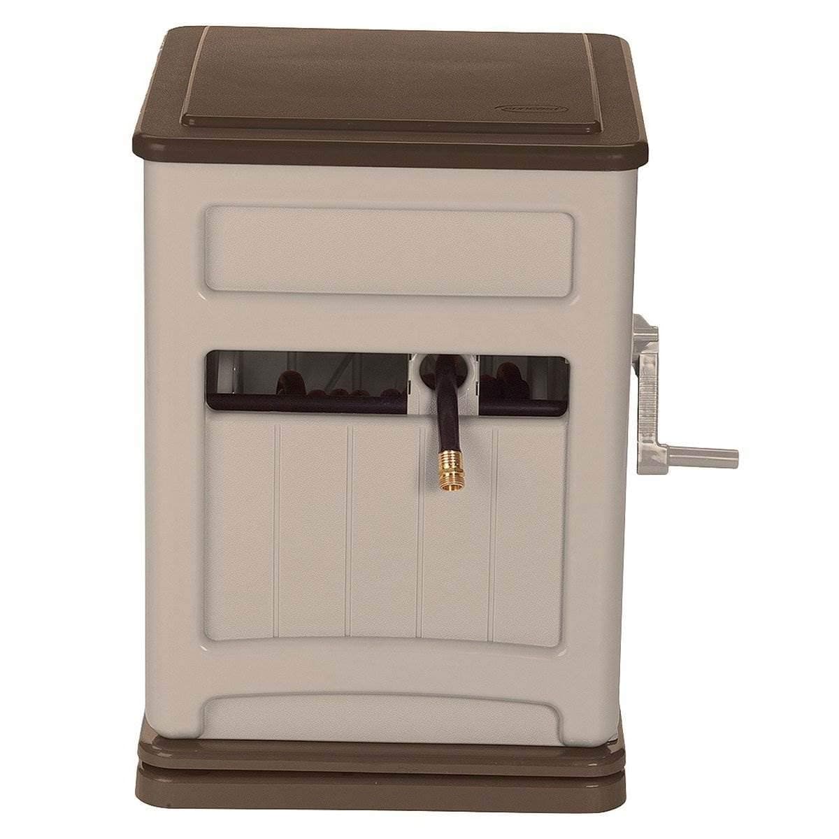 Suncast Resin Swivel Storage Bin Guide-Durable Outdoor Automatic Smart Trak 225 ft. Beige Free Standing Hideaway Hose Reel, 26 in. W x 21 in. D x 29-3/4 in. H, Mocha and Taupe