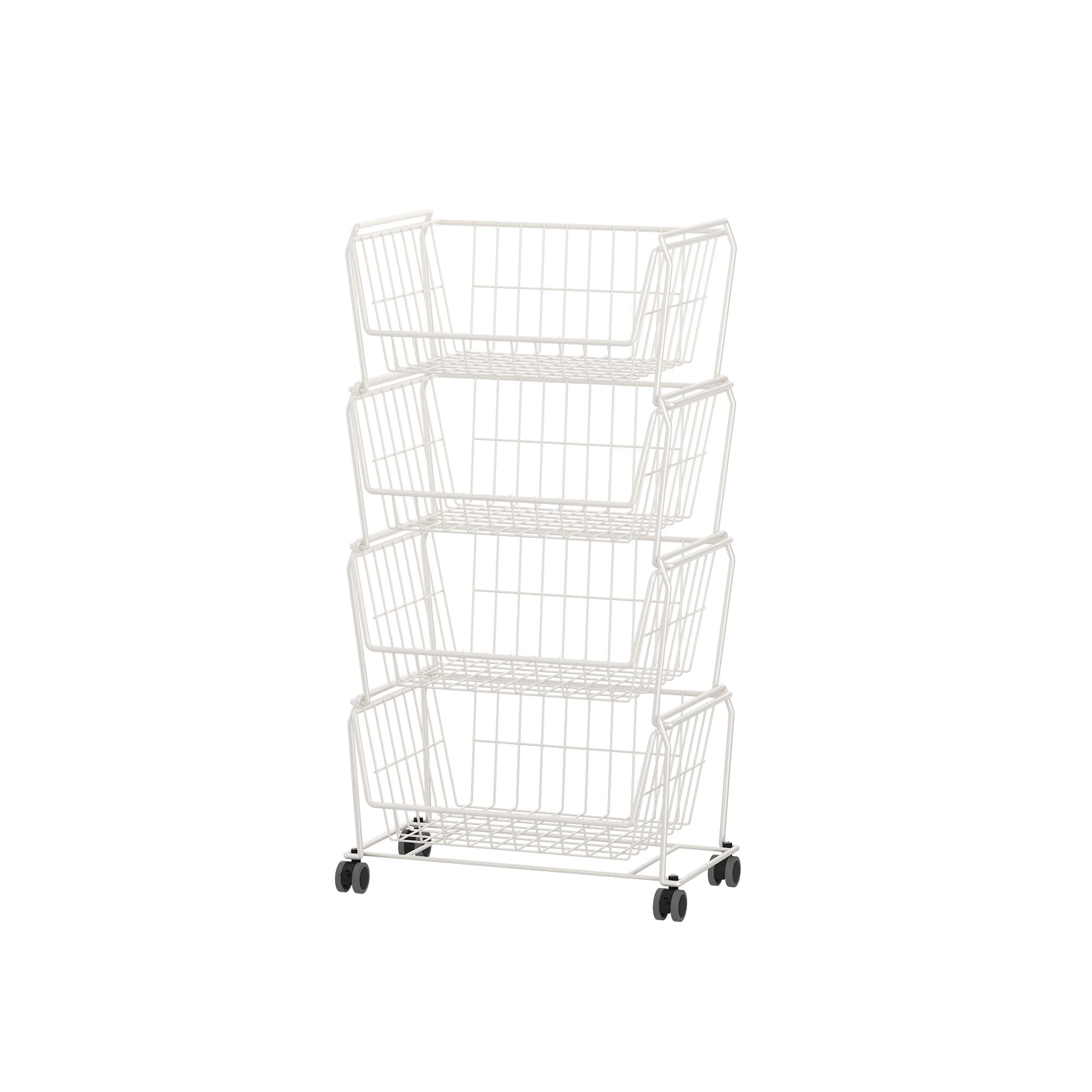 PUSDON 4-Tier Spacious Stackable Wire Storage Baskets with Wheels, Metal Rolling Utility Cart, Produce Basket for Pantry, Bathroom Organizer Shelf, Classic White