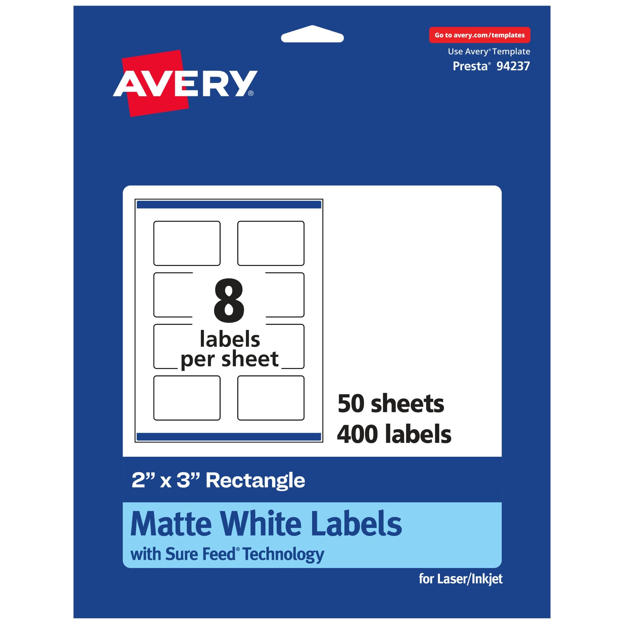 Avery Matte White Rectangle Labels with Sure Feed, 2" x 3", 400 Matte White Printable Labels