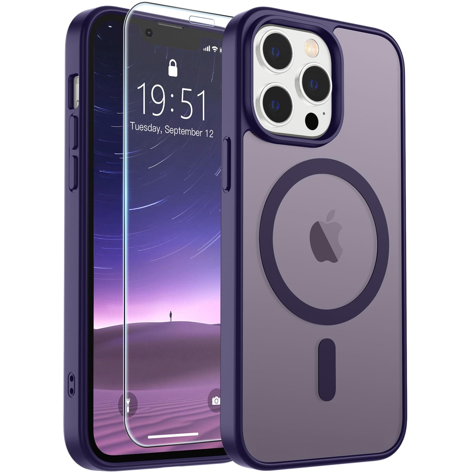 SUPFINE Magnetic for iPhone 12 Pro Max Case with Screen Protector (Compatible with MagSafe) (Military Grade Drop Protection) Translucent Matte Shockproof with Anti-Fingerprint Phone Cover,Dark Purple