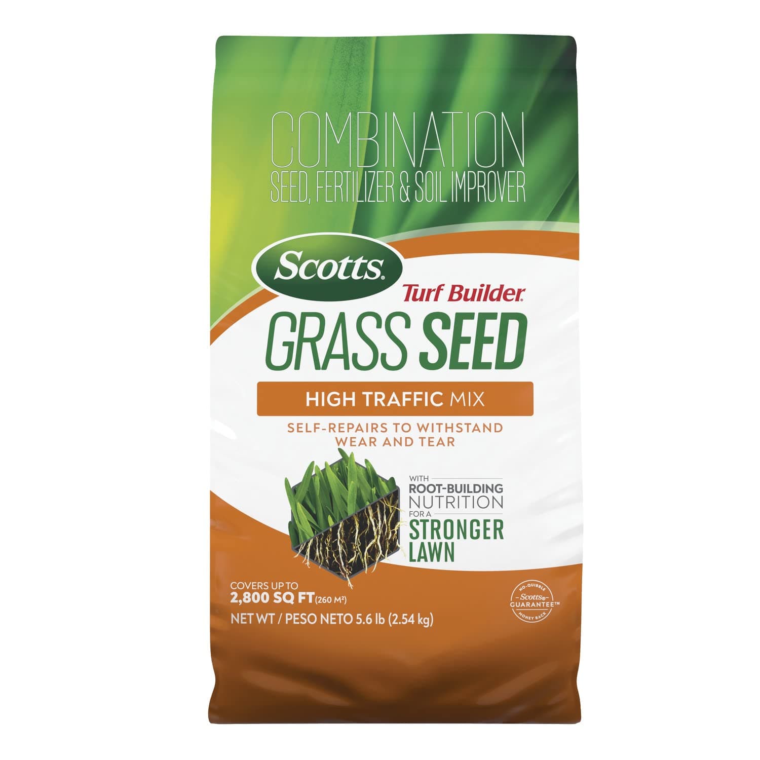 Scotts Turf Builder Grass Seed High Traffic Mix - Grass Seed Plus Lawn Fertilizer and Soil Improver, Self-Repairs, Covers Up to 2,800 sq. ft., 5.6 lb.