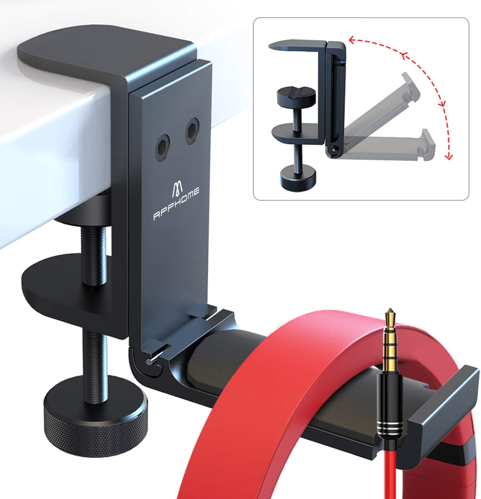 APPHOME Upgrade Foldable Headphone Stand Under Desk PC Gaming Headset Hanger Holder Hook Clamp with Built in Cable Clip Organizer Space Save Mount Fold Upward Not in Use, Universal Fit, Black