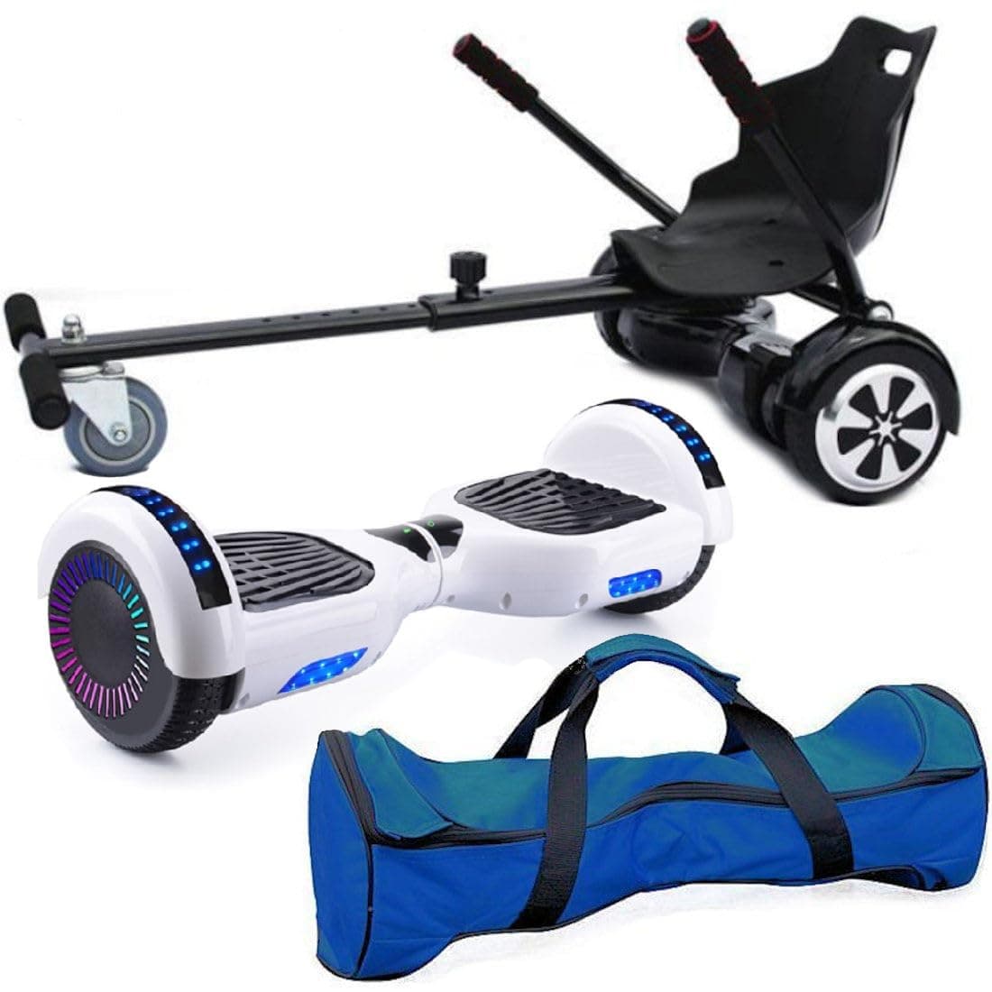 Nero Sport Bluetooth 6.5" Hover Scooter Board Self Balance with Hoverkart Go-Kart attachment bundle combo - Includes carry bag and remote key (White)