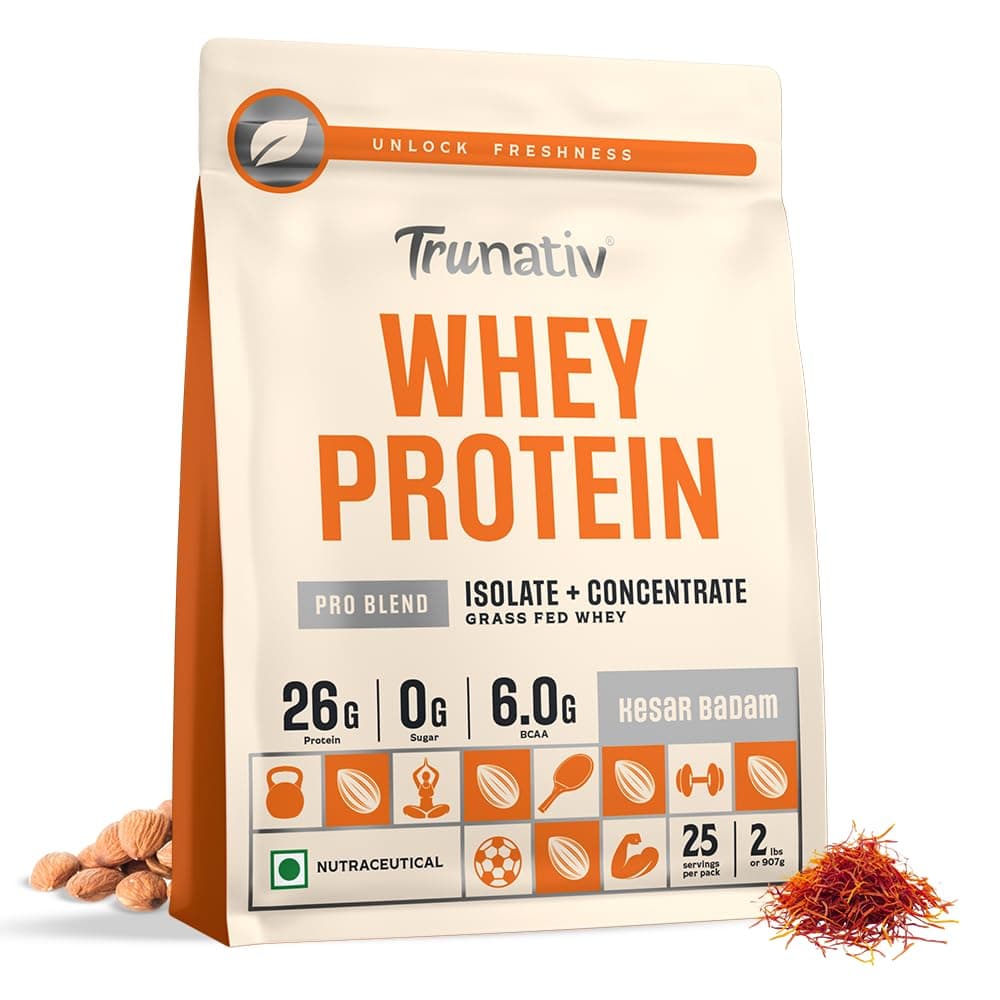 Trunativ Pro Blend Whey Protein Powder Isolate & Concentrate | 100% Light & Clean Protein Powder | 26g Protein | 6g BCAA | 12.52g EAA | No added sugar | Kesar Badam 2lbs (907g)