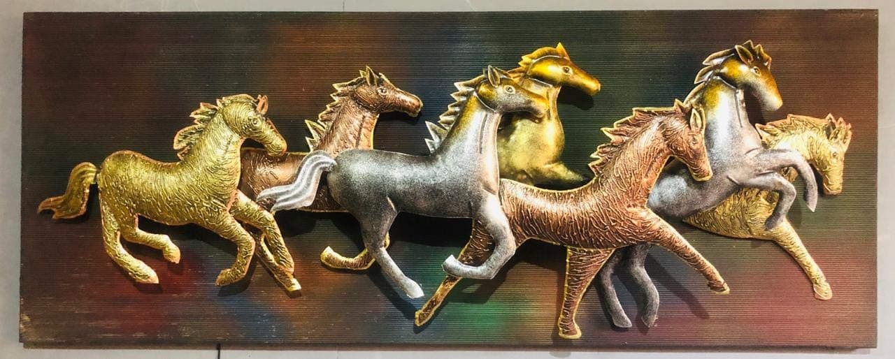 RHD Wall Decor Horse On Panel Wall Art With Led In Multicolour Handicraft Metal Wall Hanging Wall Decor, Living Room Wall Shelf Home Office Decoration - Horses (Big)