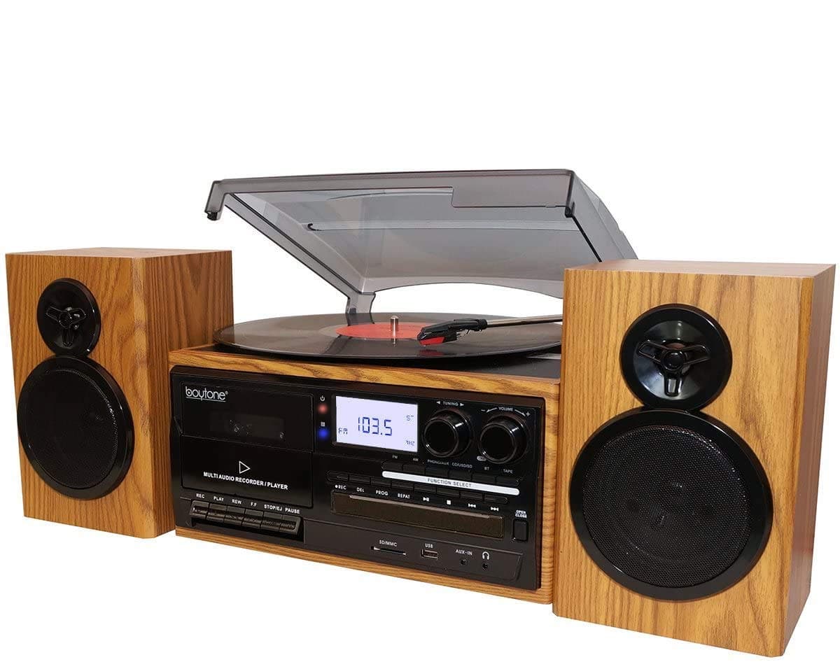 BT-28SPW Bluetooth Classic Record Player Turntable All-in-One with AM/FM Radio, CD/Cassette Player, 2 Separate Stereo Speakers, Record from Vinyl, Radio, and Cassette to MP3, SD slot, USB, AUX