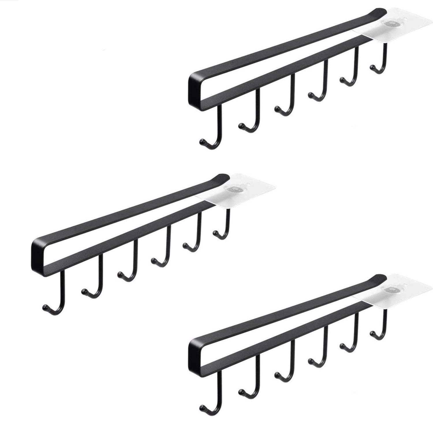 Adhesive Cup Holder Under Cabinet - 2pcs x 3 Pack 6-Hook Under Cabinet Mug Hanger,Nail Free Coffee Cups Holder,Kitchen Utensil Storage Holder Ties Belts Scarf Hanging Hooks Rack (3 Pack Black)
