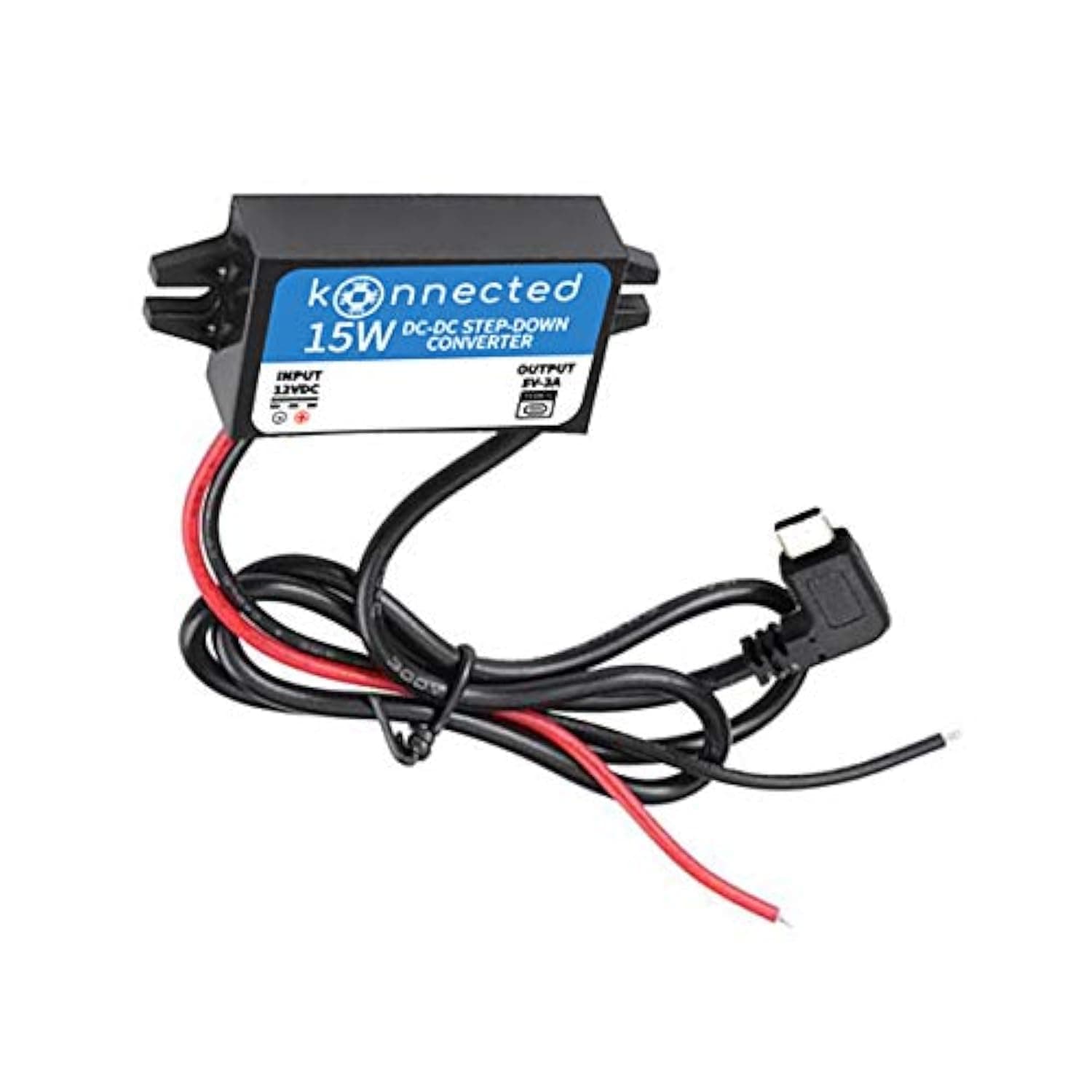 Konnected 12V to 5V DC USB Type-C Right Angle Step-Down Power Converter, Buck Converter, 15W Output, 3A at 5V USB Type-C Power Supply, Waterproof (12V to 5V USB-C Power Converter)