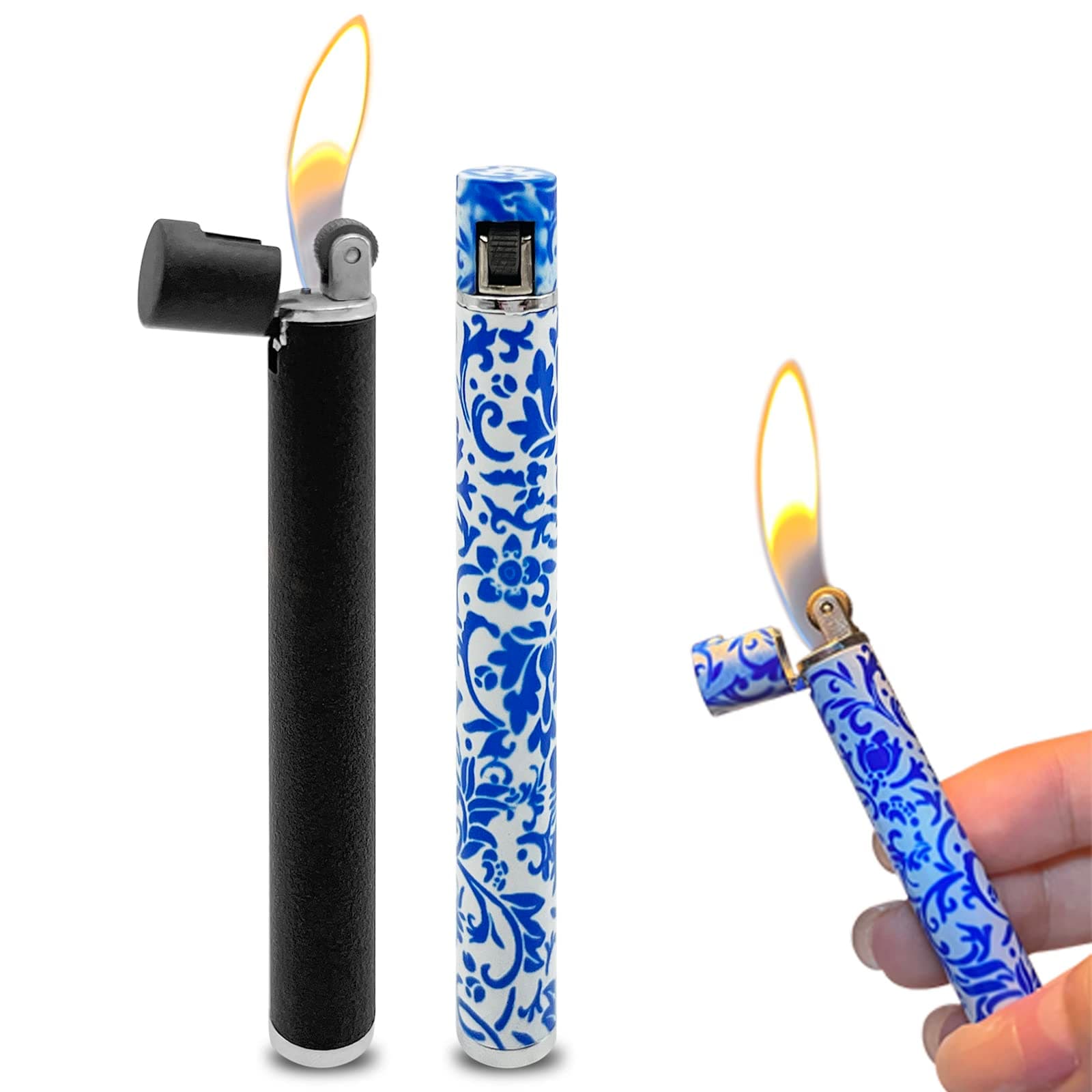 2pcs Torch Lighter, Mini Cylindrical Strip Refillable Gas Lighter, Portable Adjustable Soft Flame Lighter for Kitchen, Indoor,Outdoor,Grill,Camping(Without Butane Gas)-Blue and White Porcelain/Black