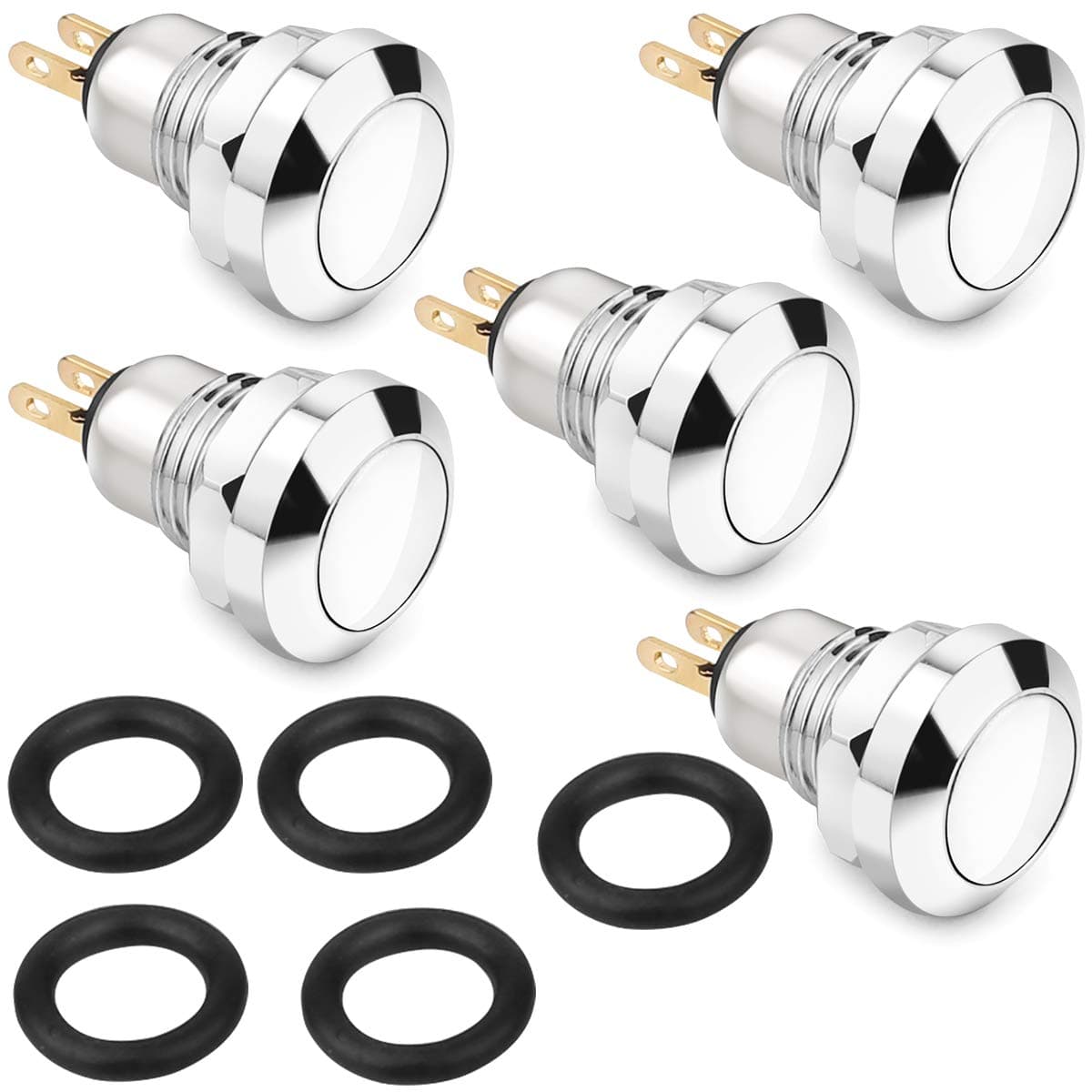 Clyxgs Metal Momentary Push Button Switch Waterproof Silver Point 8mm Mini Micro Round DC36V/2A Self-Reset for Power Start Doorbell, Golden Foot, 5PCS