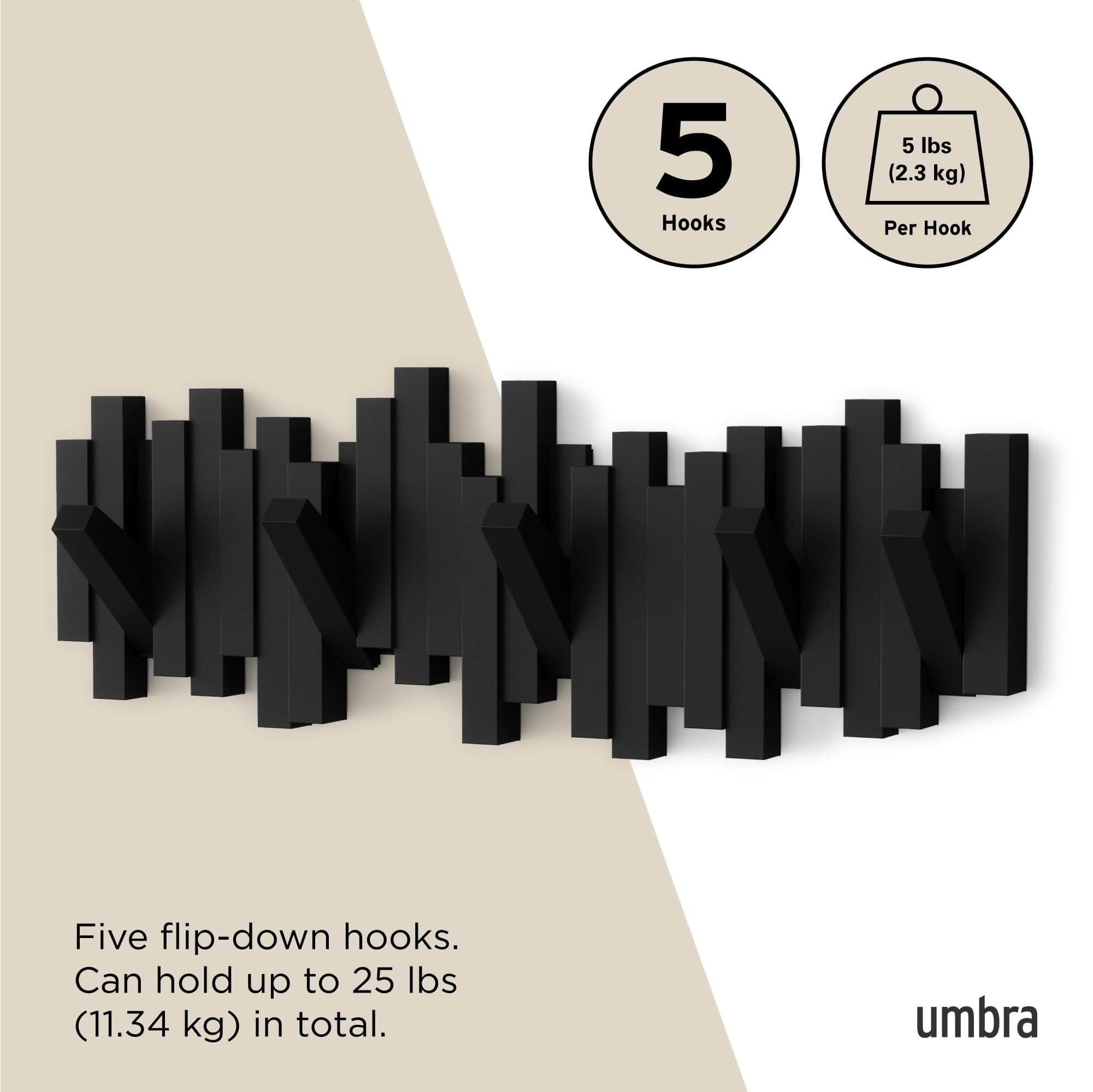 Umbra Sticks 5-Hook Wood Wall Hook, Black