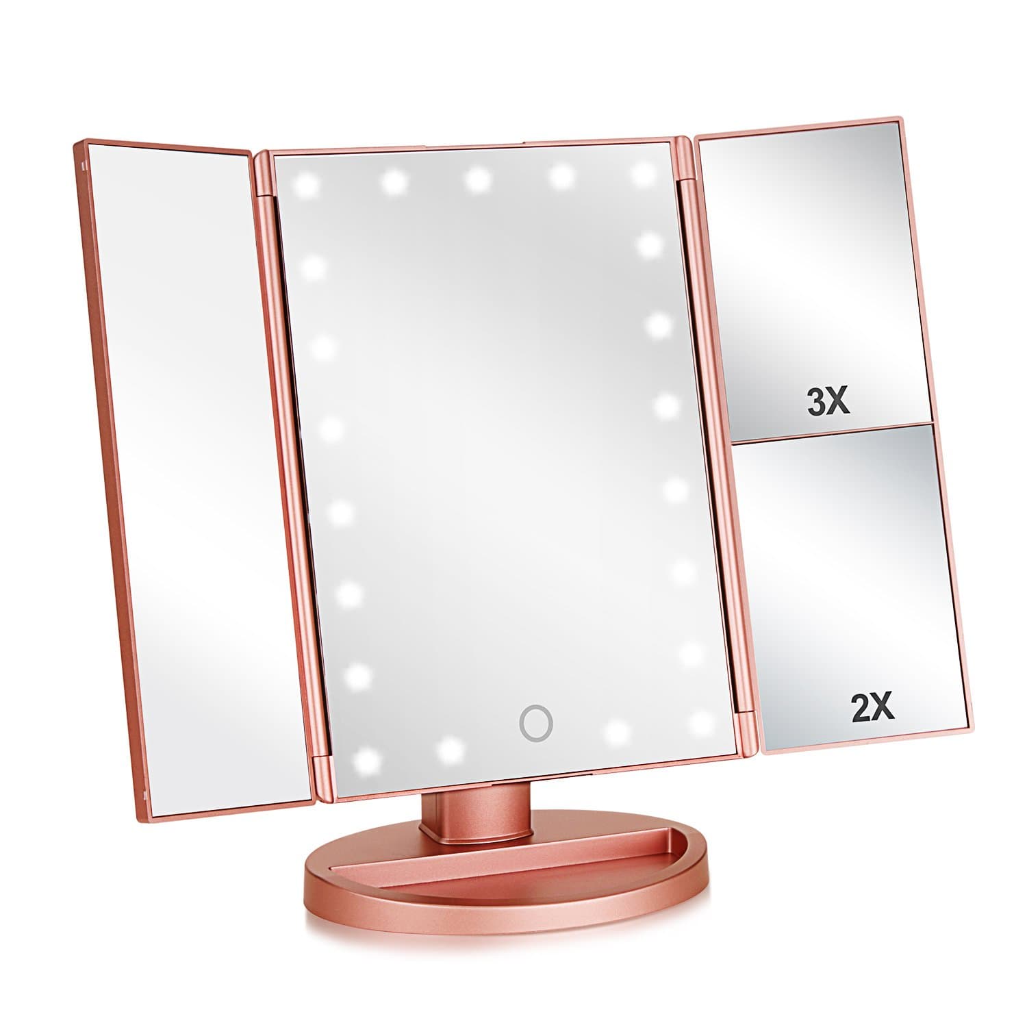 Flymiro Tri-fold Lighted Vanity Makeup Mirror with 3x/2x Magnification,Light up Mirror for Makeup,Touch Screen 21 LEDs,180° Rotation Countertop Cosmetic Mirror,Gifts for Women Mom Teen Girls